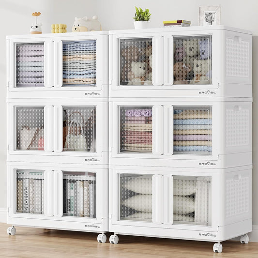 BROVIEW 120Gal Stackable Storage Bins with Lids & Wheels, 480Qt Plastic Collapsible Closet Organizer and Storage Drawers, Storage Boxes Cabinets for Home, Office, 6 Pack, White