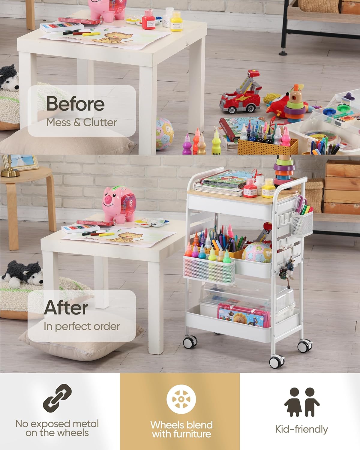 Art Cart with Tabletop & Pegboard - 3-Tier Rolling Utility Cart with Wheels, 2 Baskets & 6 Hooks - Metal Storage Organizer for Home, Office, Crafting & Kids’ Art Supplies (White)