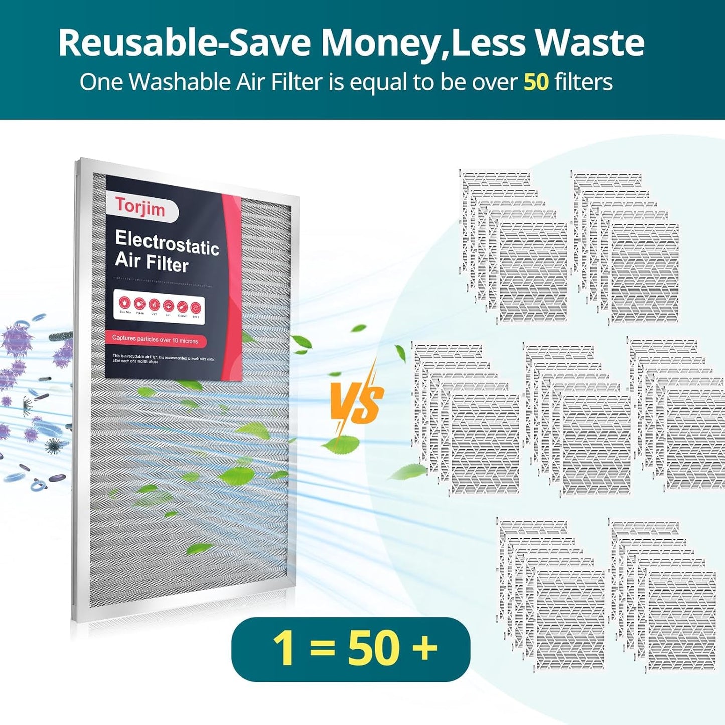 Torjim 12x20x1 MERV8 Washable Reusable Electrostatic Air Filter, AC/HVAC Furnace Filter, Breathe Fresher, Easy Install