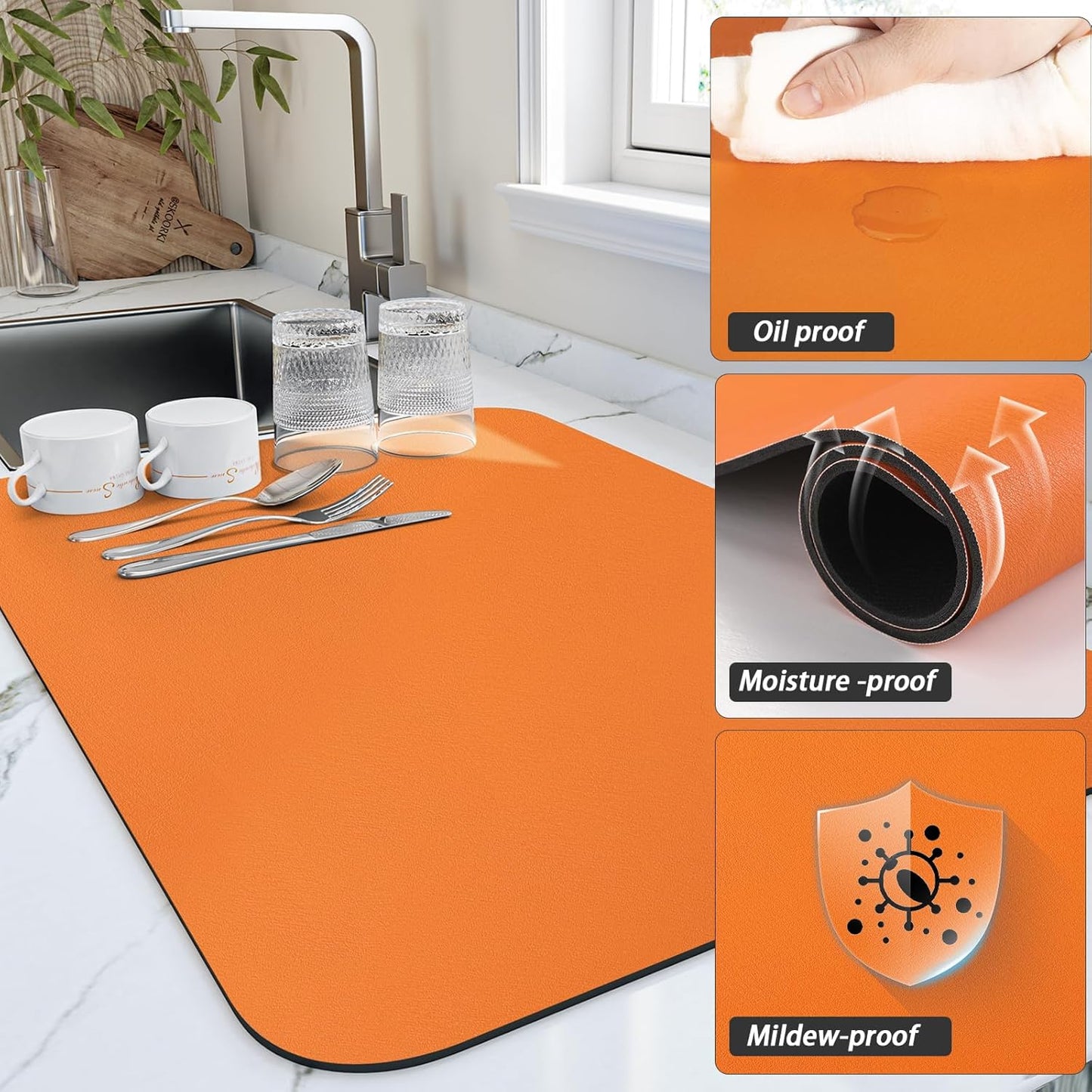 Dish Drying Mat for Kitchen Counter, Heat Resistant Drainer Mats with Non-slip Rubber Backed, Hide Stain Kitchen Super Absorbent Draining Mat, Easy to Clean Dish Rack Pad, Orange 16"x20"