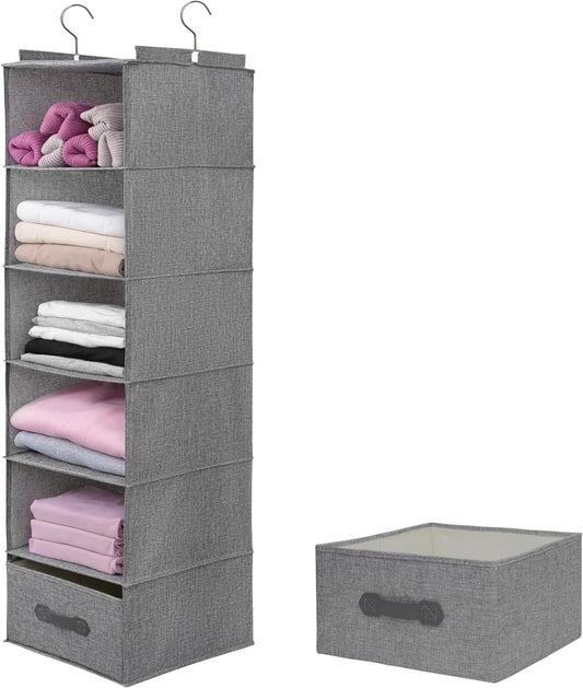 Large Hanging Sweater Organizer for Closet,Collapsible 6-Shelf Hanging Closet Shelves with Drawers, Washable (Grey-6 Shelf-1 d)