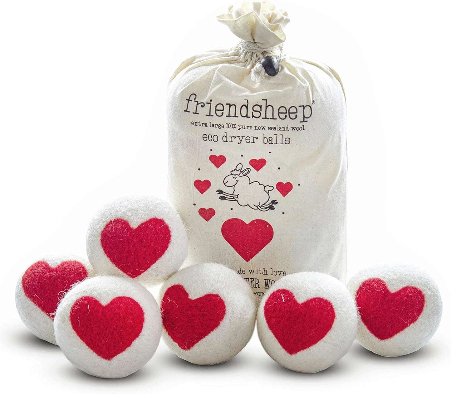 Friendsheep Wool Dryer Balls Red Heart 6 Pack XL Organic Premium Reusable Cruelty Free Handmade Fair Trade No Lint Fabric Softener - One Love