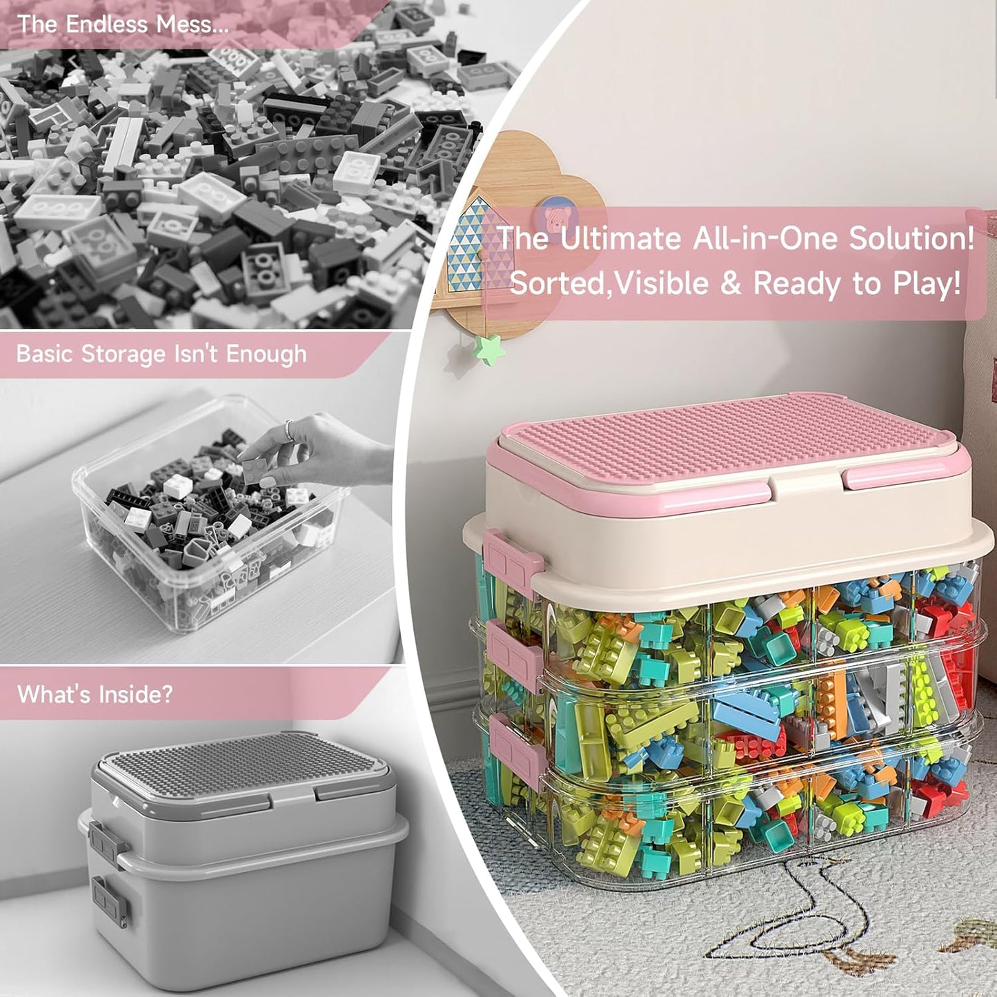 Toy Storage Organizer Box with Handle, Stackable Building Block Toy Box with Building Plate Lid & Removable Sorting Trays, Cubby Bins and Containers 2 Layer (Pink)