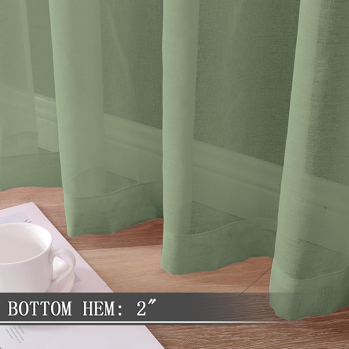 Tollpiz Sheer Curtain Linen Textured Living Room Curtains Sheer Light Filtering Rod Pocket Voile Curtain for Bedroom, 54 x 72 inches Long, Sage Green, Set of 2 Panels