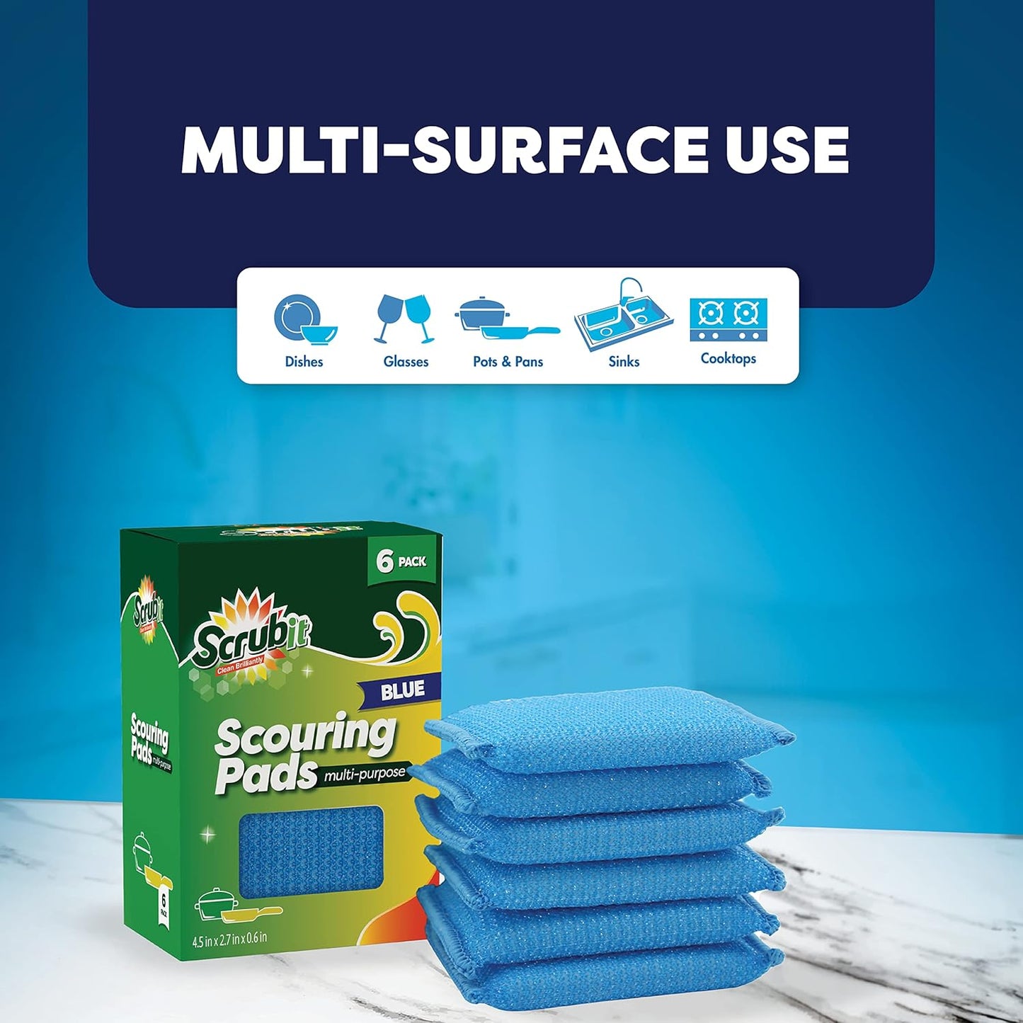 SCRUBIT Multi-Purpose Scouring Pad - Non-Scratch Cleaning Sponges for Pots, Pans, Dishes, Utensils & Non-Stick Cookware - Scrubbing Pads Use for Kitchen, Bathroom - 6 Pack Dish Sponge - (Blue)