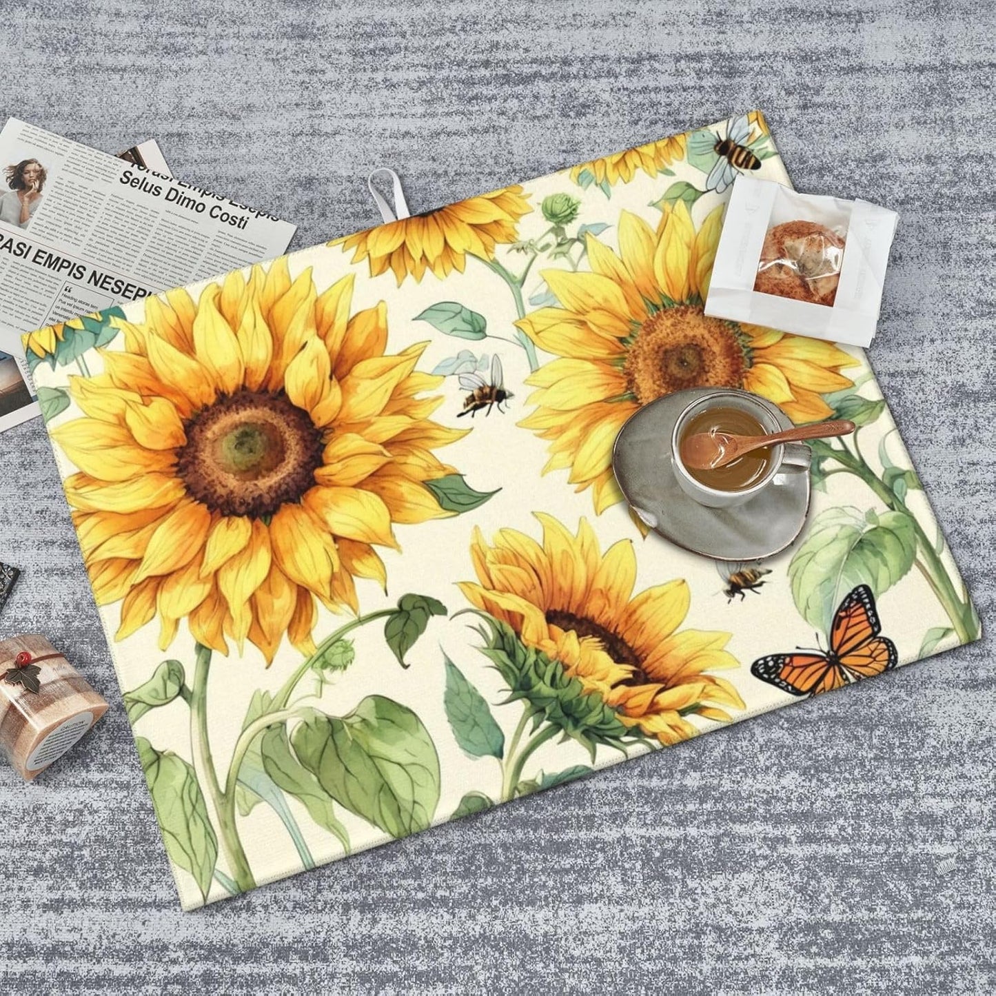 Sunflower Dish Drying Mat Highly Absorbent Double-Sided Microfiber with Hanging Loop Reversible Drain Dish Rack Mat Drain Mat Suitable for Kitchen Countertop Coffee Bar 18 x 24 Inch
