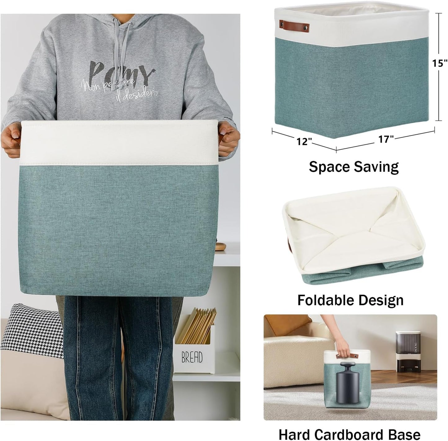 DULLEMELO Large Rectangular Baskets for Blankets 51L Canvas Storage Baskets for Organizing 3 Pack Collapsible Baskets Bins for Organizing Home Office with Handles (White&Deep Green)