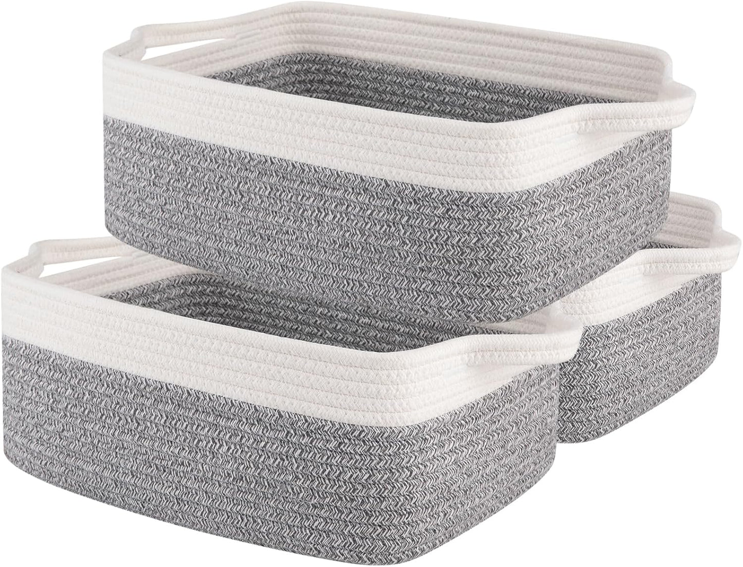OIAHOMY 3 Pack Storage Baskets for Organizing, Woven Cotton Rope Basket for Shelves, Closet Organizer Bins with Handles, Rectangle Toy Organization, 13.78''×9.84''×5.5'', Grey & White