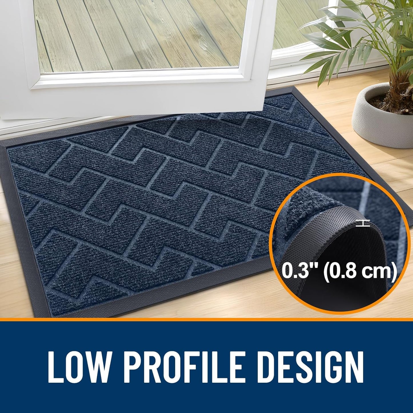 OLANLY Front Door Mat Indoor Outdoor Entrance, Waterproof All-Season, All-Weather Doormat, Sturdy Natural Rubber, Low Profile, Easy Clean Patio Porch Entryway Mat, Herringbone Brick (Blue, 47x32)