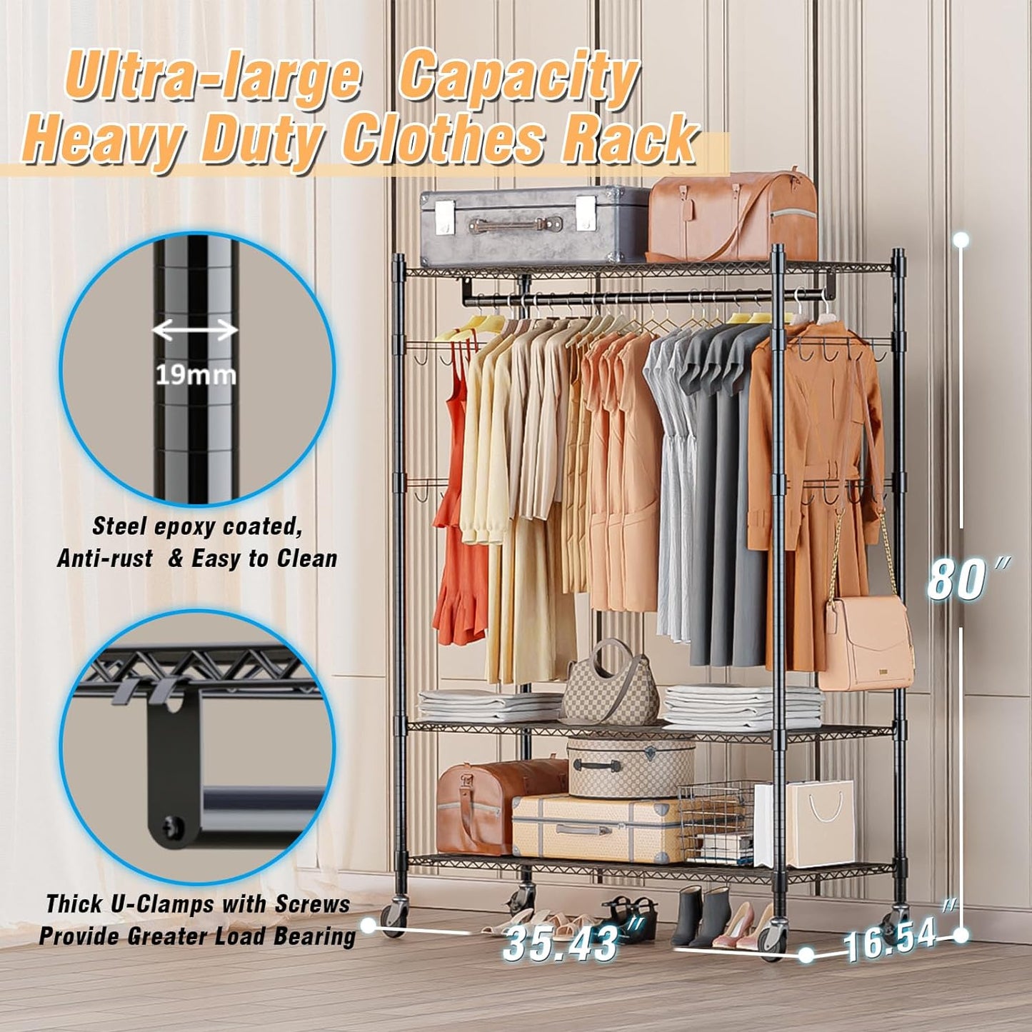 Homdox 3 Tier Heavy Duty Garment Rack with Wheels, Adjustable Wire Clothes Rack with Double Hanging Rods, Portable Closets for Hanging Clothes with Side Hooks, Black