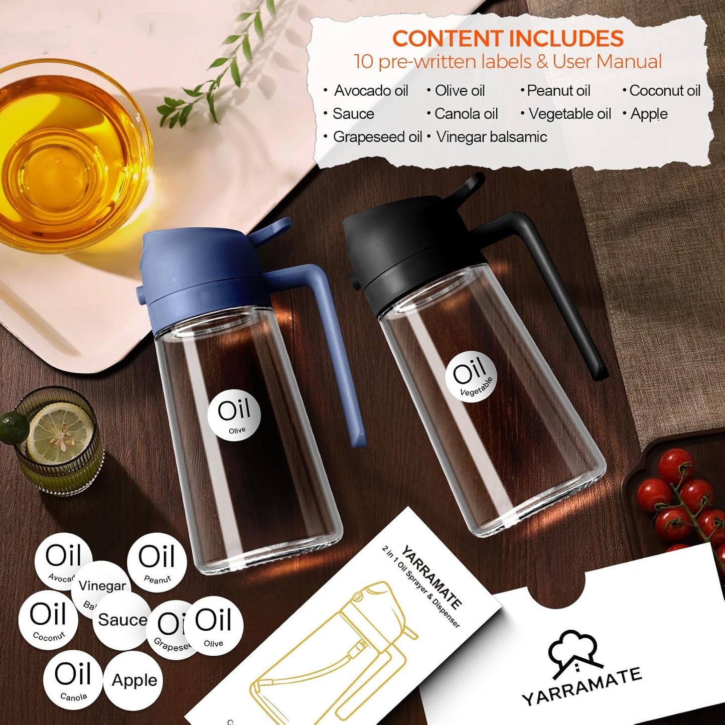 YARRAMATE 16oz/470ml Glass Olive Oil Sprayer for Cooking with Stickers, 2 in 1 Oil Dispenser for Kitchen Gadgets, Food Grade Premium Spray Bottle with Portion Control for Salad, BBQ (Navy)