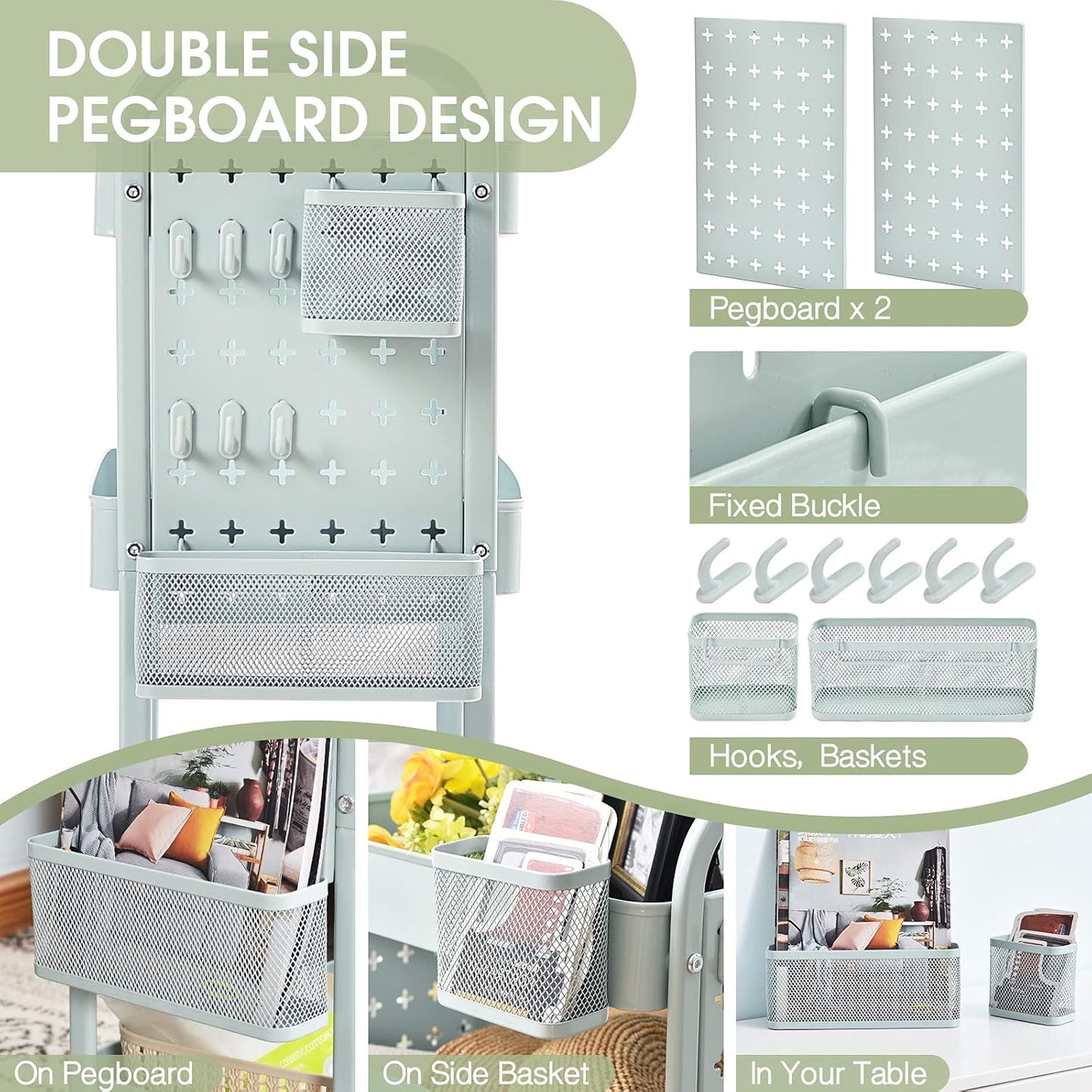 TOOLF 3-Tier Rolling Cart, Metal Utility Storage Cart with DIY Pegboards, Art Craft Trolley with Baskets Hooks, Serving Organizer Easy Assemble for Office, Home, Kitchen, Classroom (Green)