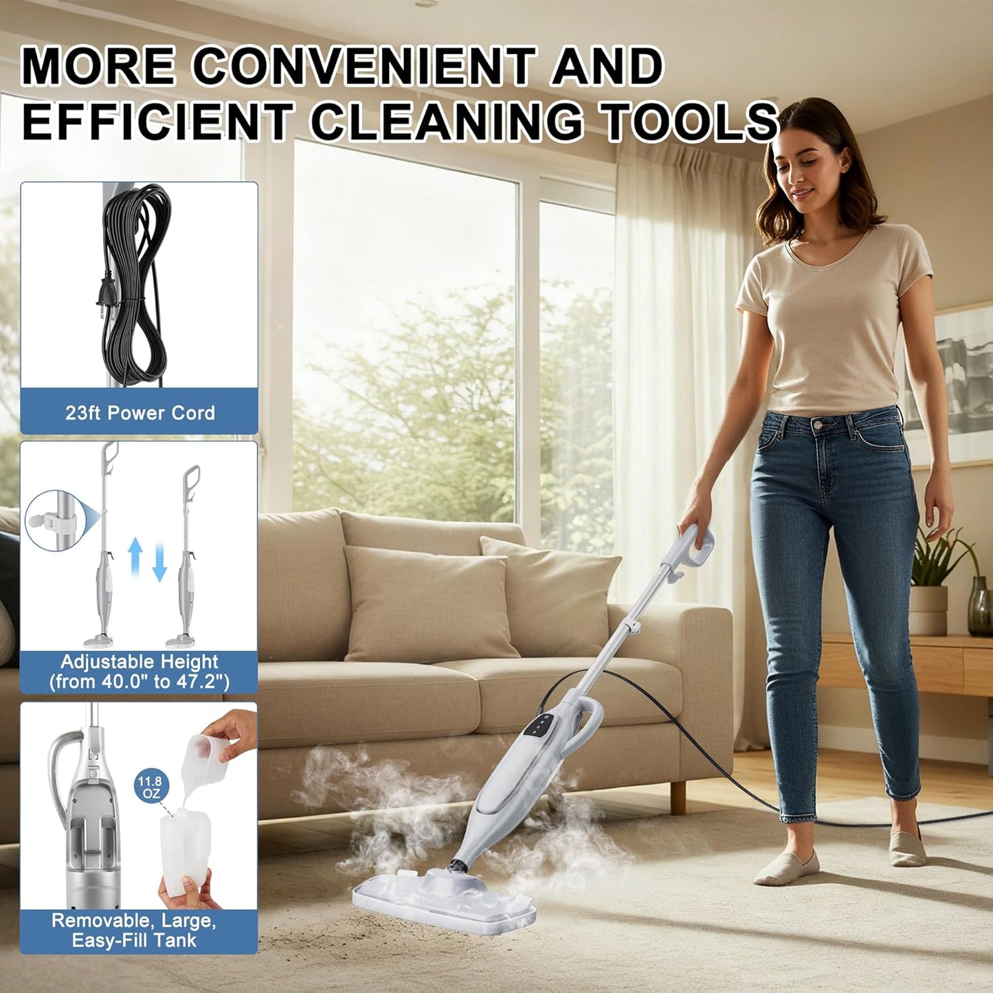 Steam Mop, 11-in-1 Powerful Handheld Steam Cleaner with 11.8 OZ Removable Tank, Detachable Steam Mops for Floor Cleaning with 23FT Power Cord, MultiPurpose Steamer for Hardwood Tile Carpets Furniture