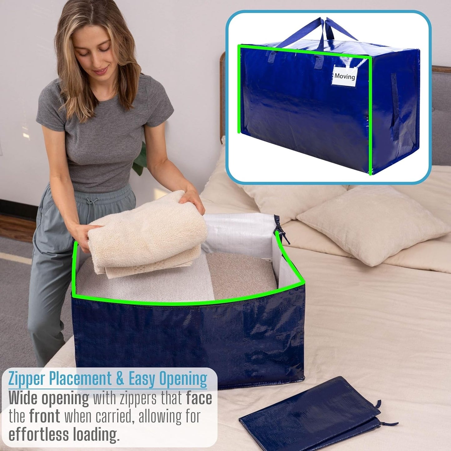 VENO 4 Pack Moving and Storage Bags, Heavy Duty, Alternative to Moving Boxes, Large Packing Totes Supplies for College Dorm Room with Zipper for Clothes, Wide Open Design (Blue, 4 Pack)