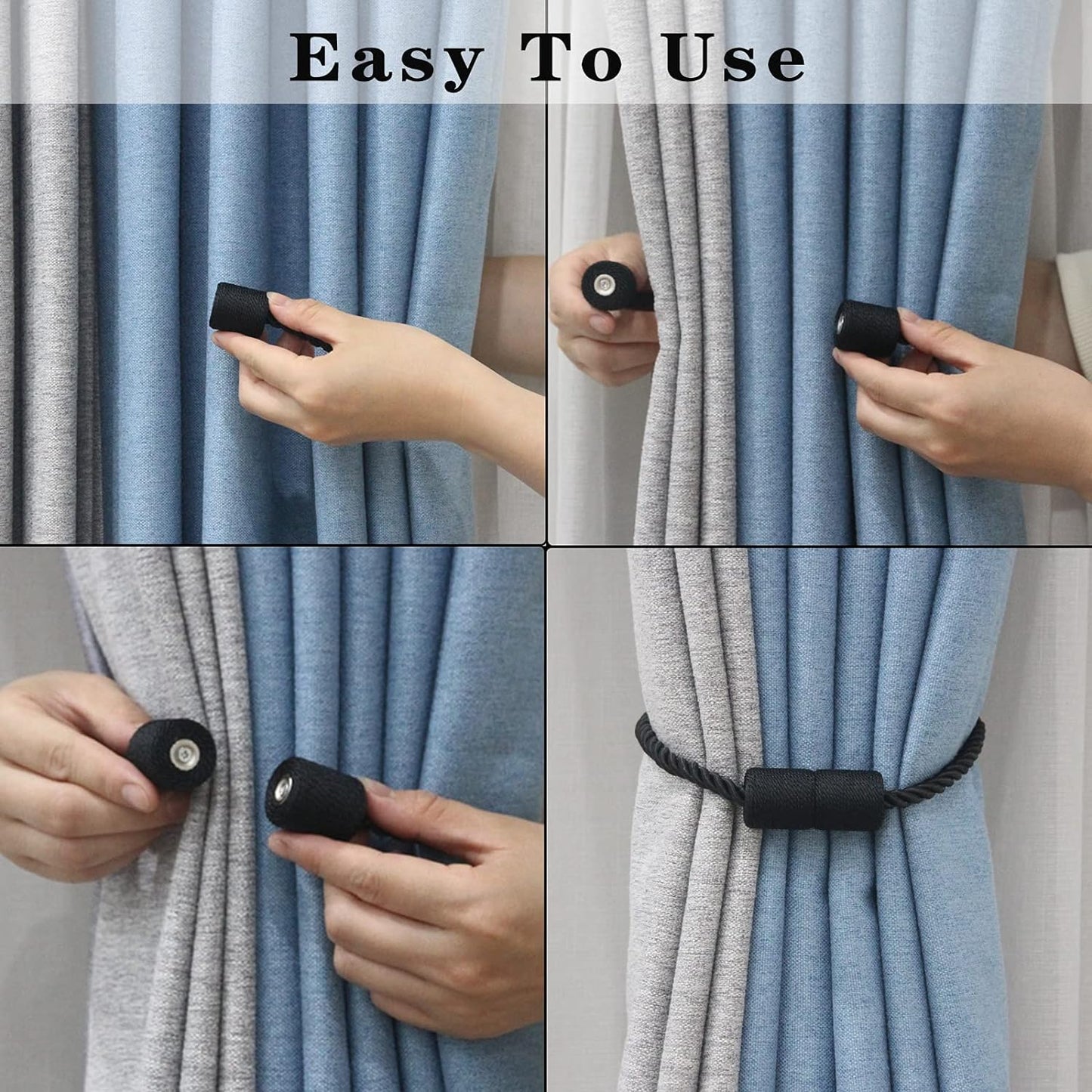 6 Pack Black Strong Magnetic Curtain Tiebacks Outdoor Elegant Decorative Tie Backs Modern Rope Tiebacks for Drapes Window Curtain Holdbacks for Draperies