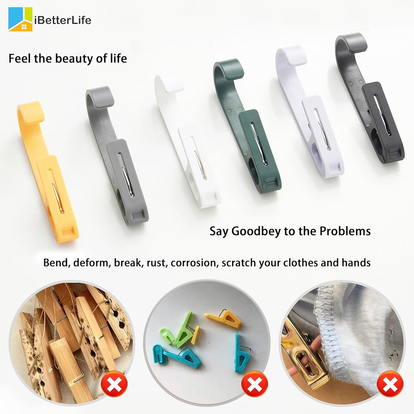 iBetterLife 4Pcs Laundry Hooks with Clips Hanger Heavy Duty Outdoor Clothes Pins, Closet Organizer Single Clamps Hanging Socks Boot Bras Underwear Kids Towels for Bathroom Wardrobe Kitchen Office