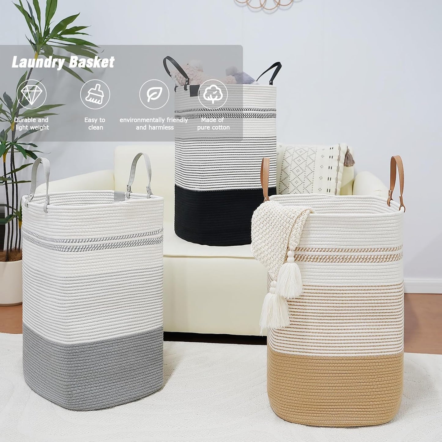 danpinera 75L Woven Laundry Hamper with Long Leather Handles, Baby Laundry Basket for Nursery, Tall Hampers for Bedroom Aesthetic, Decorative Clothes Storage Basket for Family White & Gray