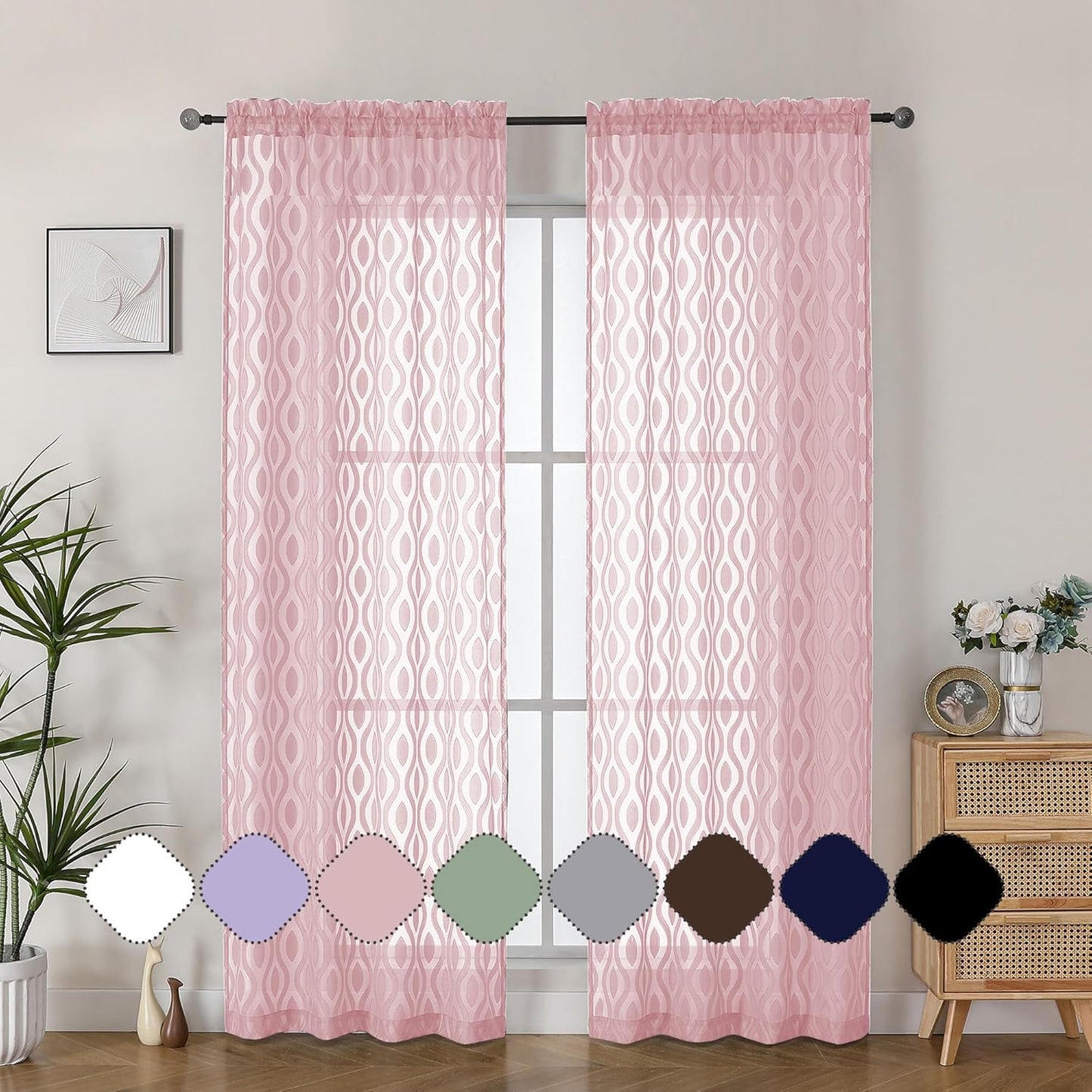 Aiyufeng Blush Pink Sheer Curtains 84 Inches Long 2 Panels Set, Soft Airy Lightweight Transparent Wavy Line Jacquard Farmhouse Curtians for Bedroom Living Room, Dual Rod Pocket, Total 80 inches Width