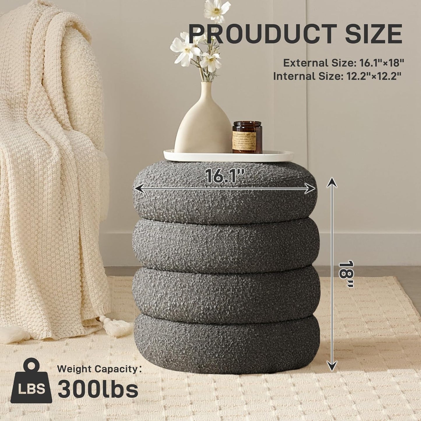 Round Ottoman with Storage Boucle Ottoman Stool Removable Lid for Living Room Modern Upholstered Vanity Storage Stool Foot Rest Bedroom Dorm Gifts Set of 2 (Grey)