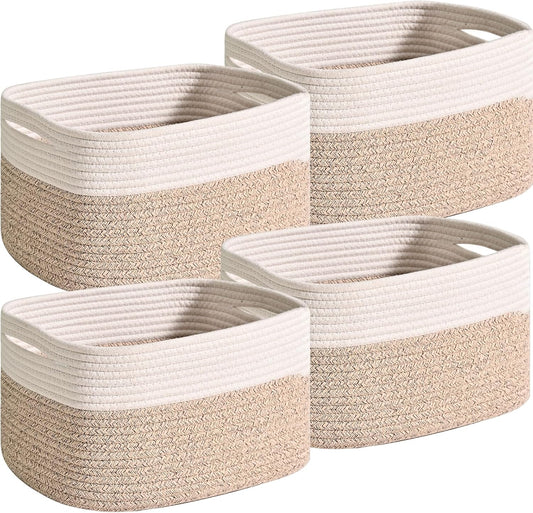 Small Storage Baskets for Organizing, Woven Storage Baskets for Shelves, Cotton Rope Basket for Storage, Cute Rectangular Book Toy Basket, 12.7"×9.1"×7.9", 4 Packs, Off White & Brown