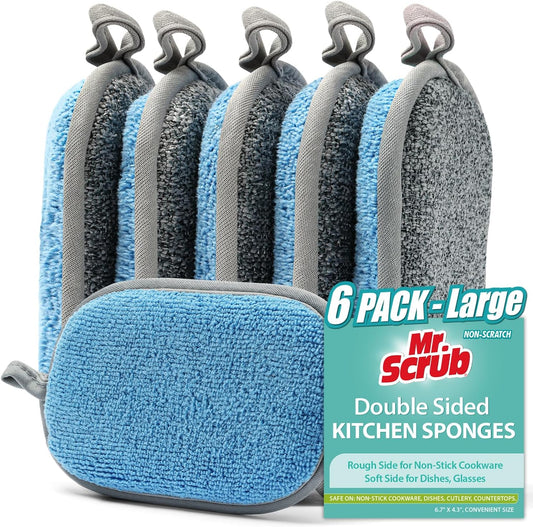 All-Purpose Sponges Kitchen, Non Scratch Dish Sponge for Washing Dishes Cleaning Kitchen, Rough Scrubbers Side for Non-Stick Cookware, Soft Microfiber Scrub Side for Dishes（6 Pack, Large）