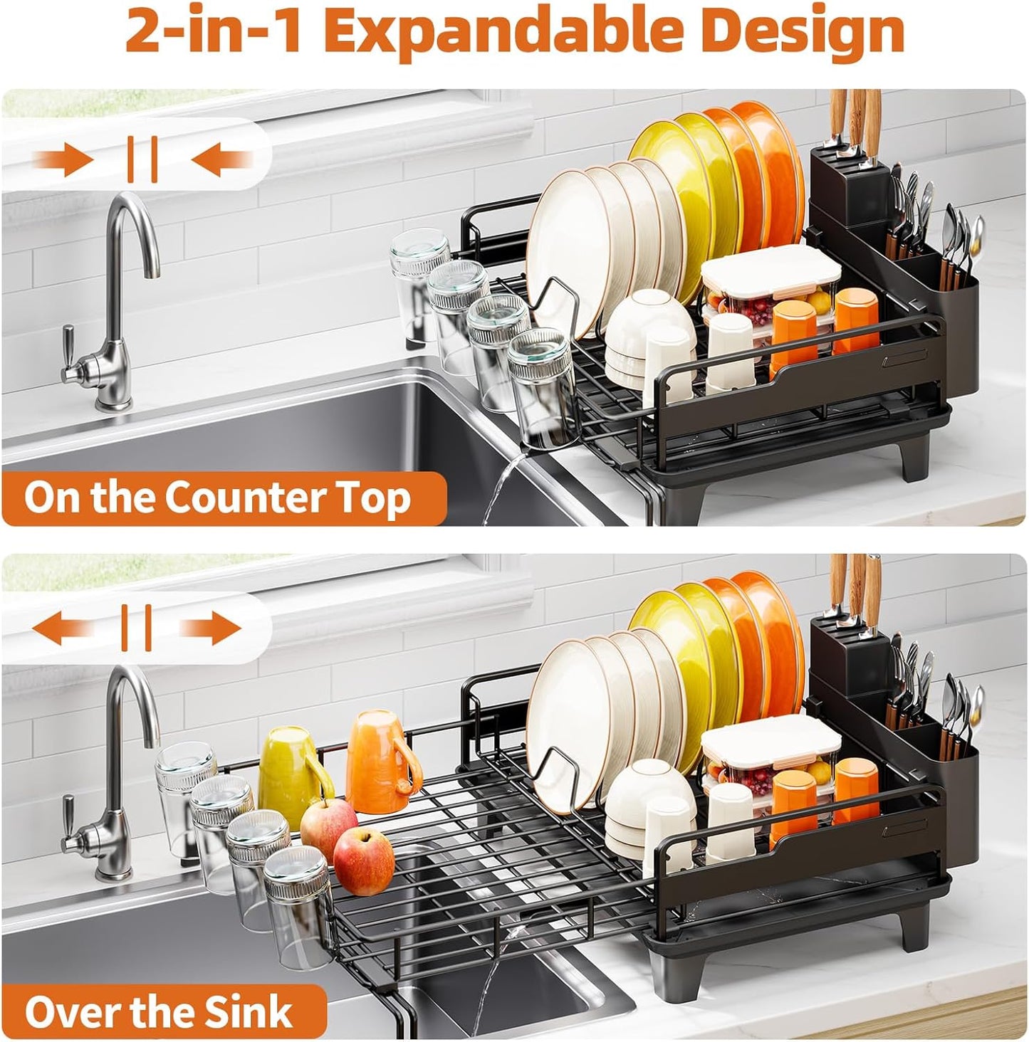 Dish Drying Rack - Extendable Dish Drainer, Large Dish Rack for Kitchen Counter, Rustproof Dish Strainer with Utensil Holder and Cups Holder, 1 Tier Black