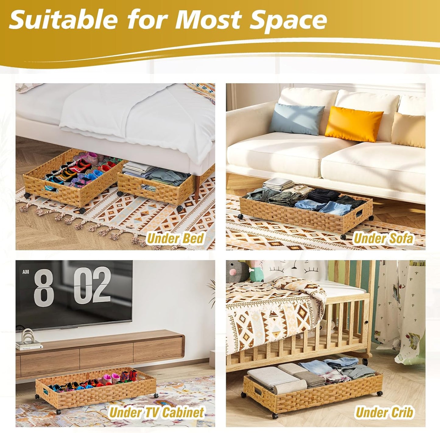 Under Bed Storage Containers with Wheels, 31.5in / 35L Handmade Rattan Underbed Organizer Drawer, Tool-free Assembly Rolling Under Bed Storage Bins for Shoes Clothes Toy Book