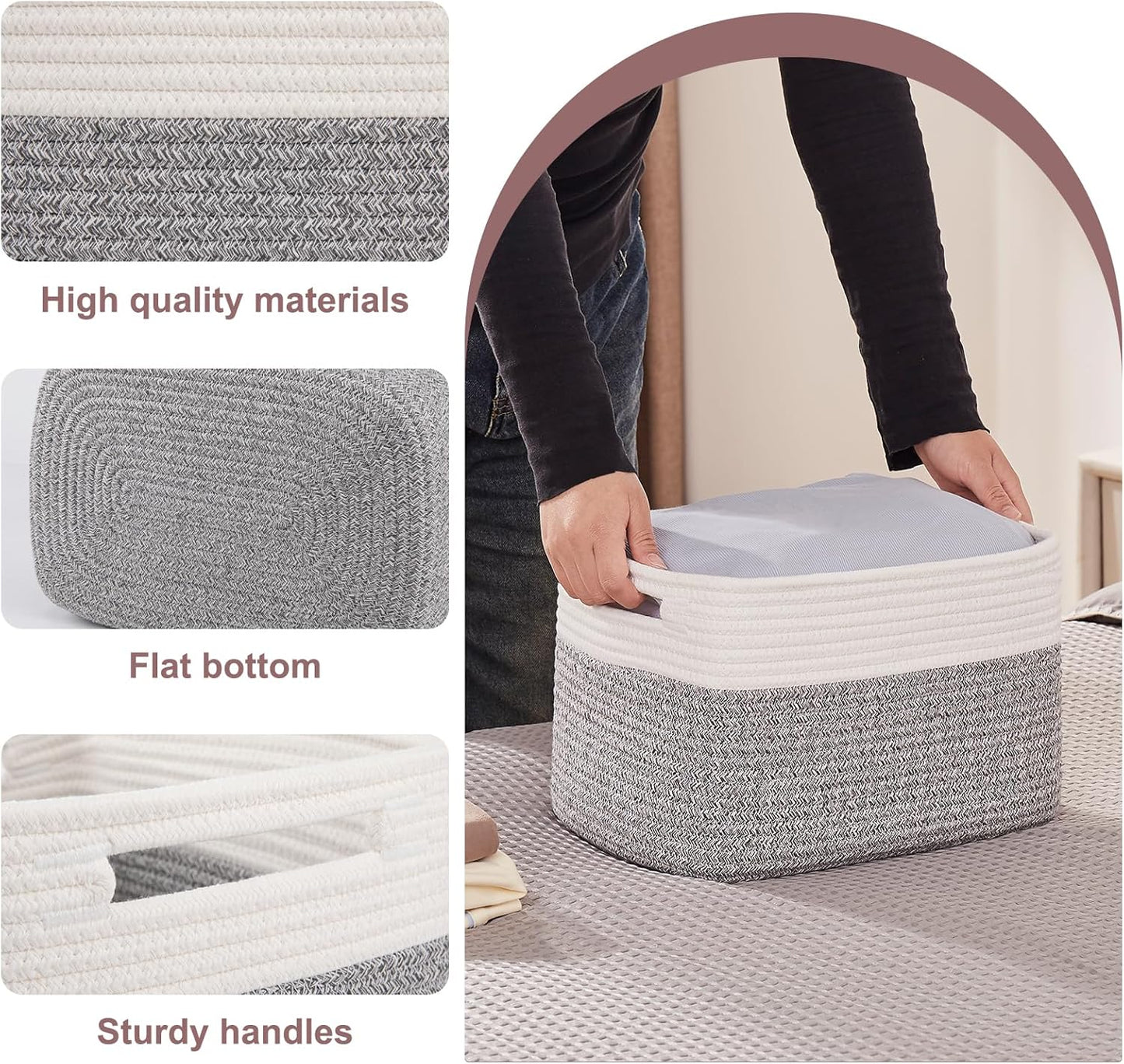 OIAHOMY 4 Pack Storage Baskets for Organizing, Basket for Shelves with Handle, Woven Baskets for Storage Toys, Towels, Books, Cotton Rope Basket 13" L x 9 " W x 7.8 " H, Grey & White