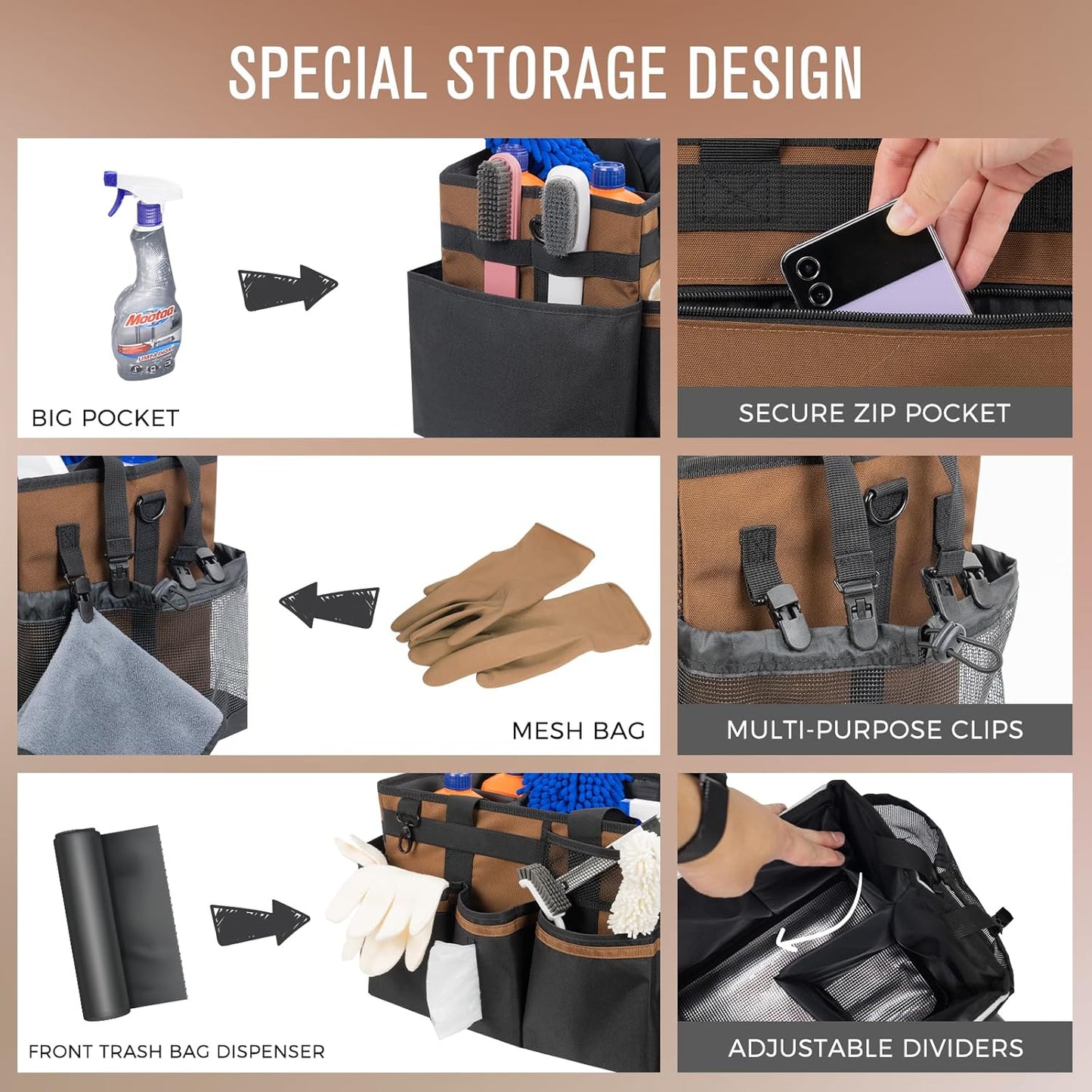 Wearable Cleaning Caddy, Cleaning Caddy Supplies Organizer with Handle & Shoulder Straps for Housekeepers, Under Sink & Car Cleaning Tool Organizers Bag with 4 Foldable Divider (Brown)