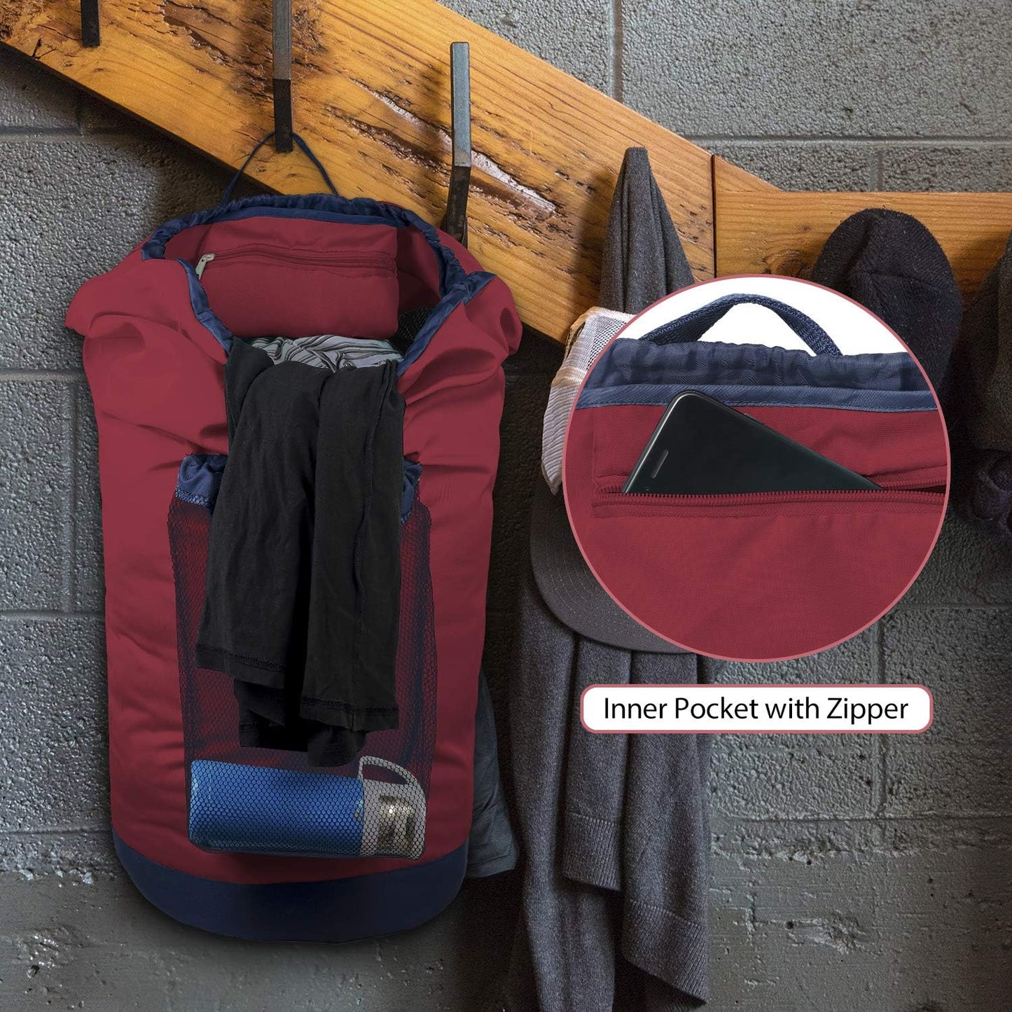 Dalykate Backpack Laundry Bag, Laundry Backpack with Shoulder Straps and Mesh Pocket Durable Nylon Clothes Hamper Bag with Drawstring Closure Red