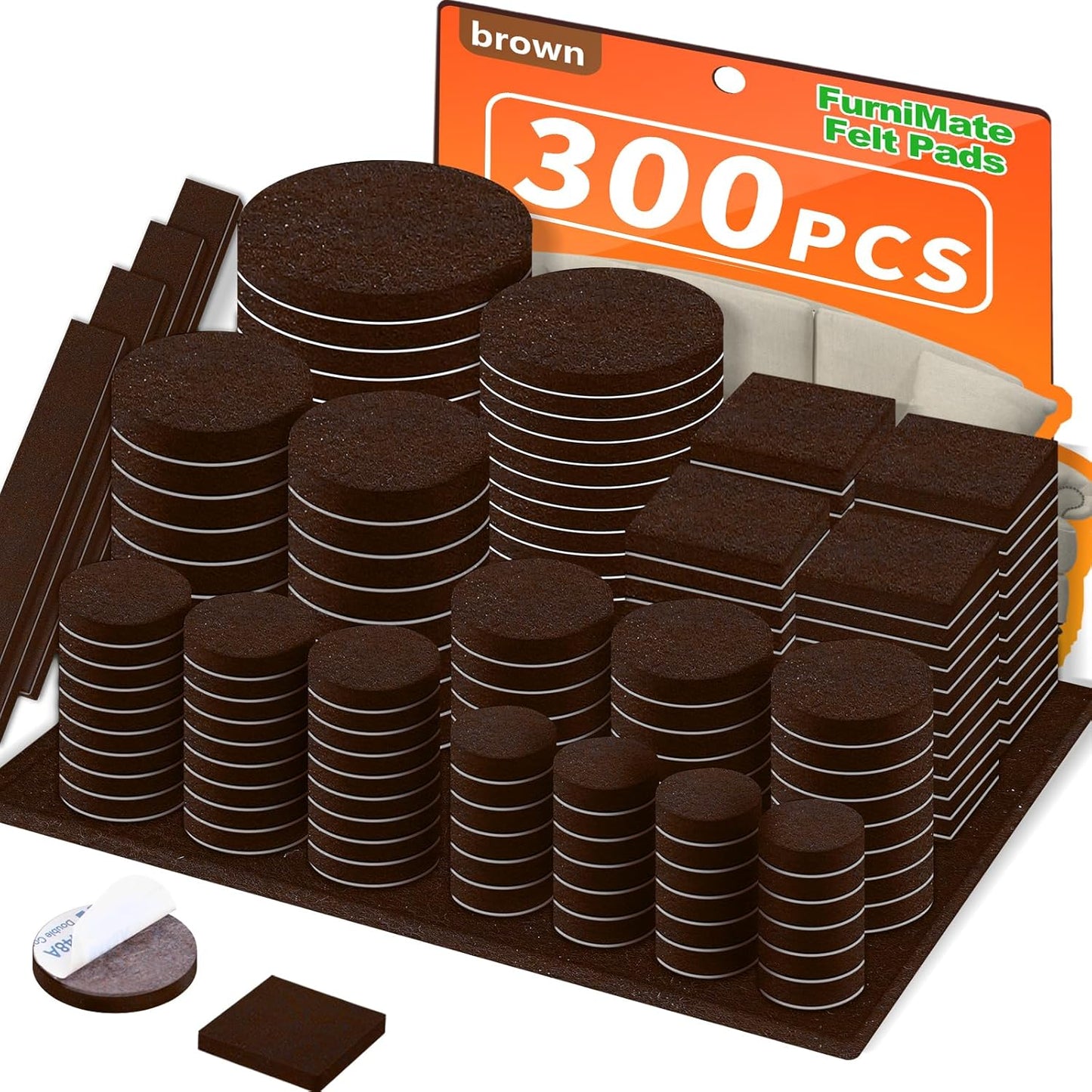Felt Furniture Pads 300 Pieces, Furniture Pads for Hardwood Floors, Floor Protectors for Furniture Legs, Felt Pads for Furniture, Floor Savers for Furniture Brown