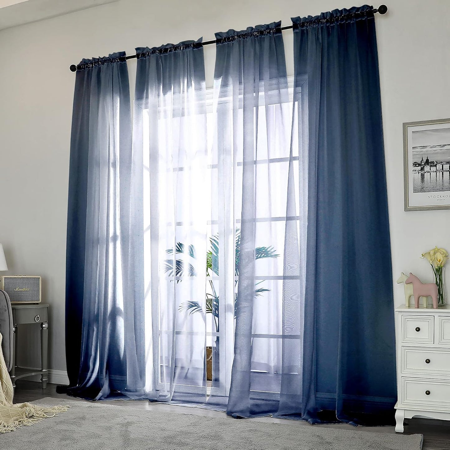 Chyhomenyc Sheer Window Curtains 108 inch Length 2 Panels Set, Airy Soft-Touching Rod Pocket Voile Drapes Backdrops Scarves for Living Room/Bedroom/Hotel/Patio, Each 42 W x 108 L, Navy Blue