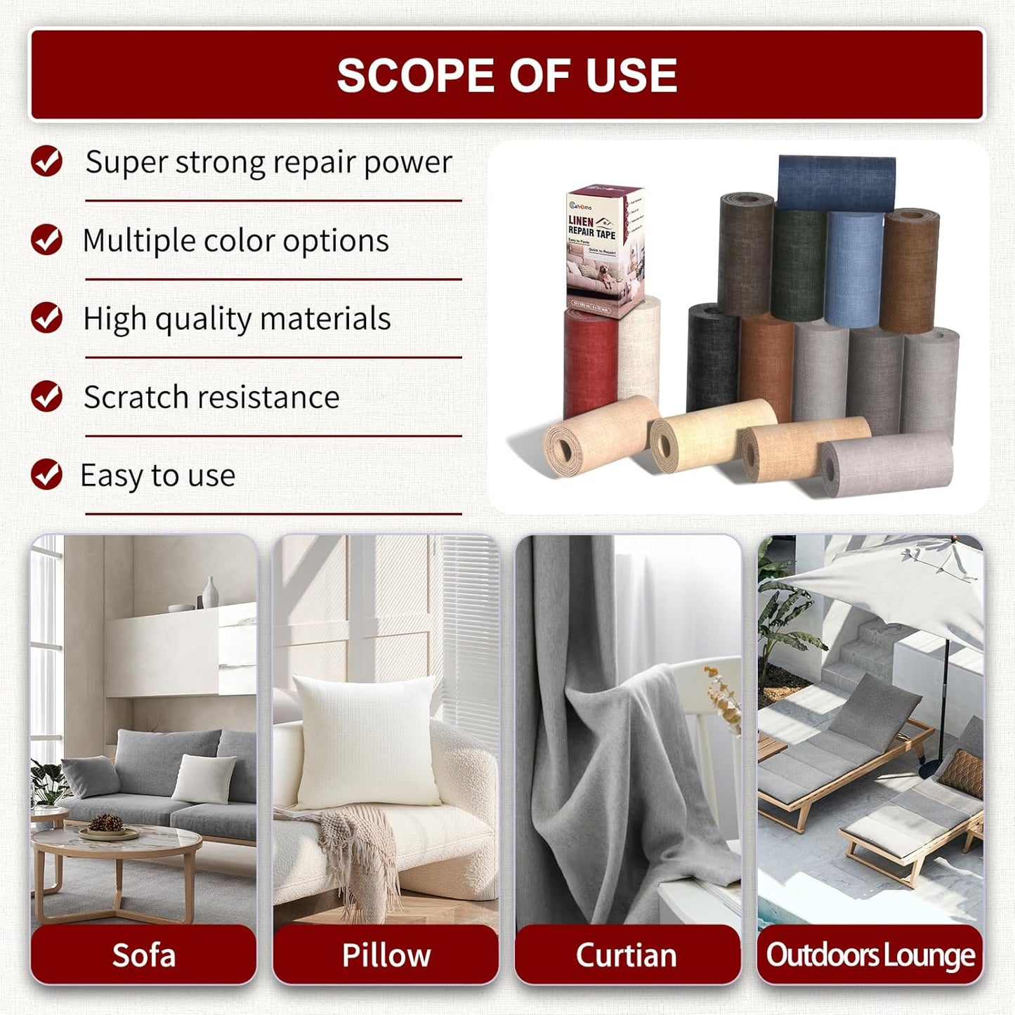 Linen Repair Tape 4x79 inch, Self Adhesive Fabric Patches, Linen Patch Tape Kit, Fabric Repair Tape for Couch Sofas, Headboards, Chairs, Pillows, Curtains, Couches - Dark Beige