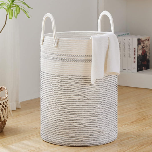 Fiona's magic 58L Woven Rope Laundry Hamper, Tall Boho Laundry Basket Storage, Large Baby Nursery Hamper for Blankets, Toys and Clothes Hamper for Bedroom and Living Room Organizing, Jute, White