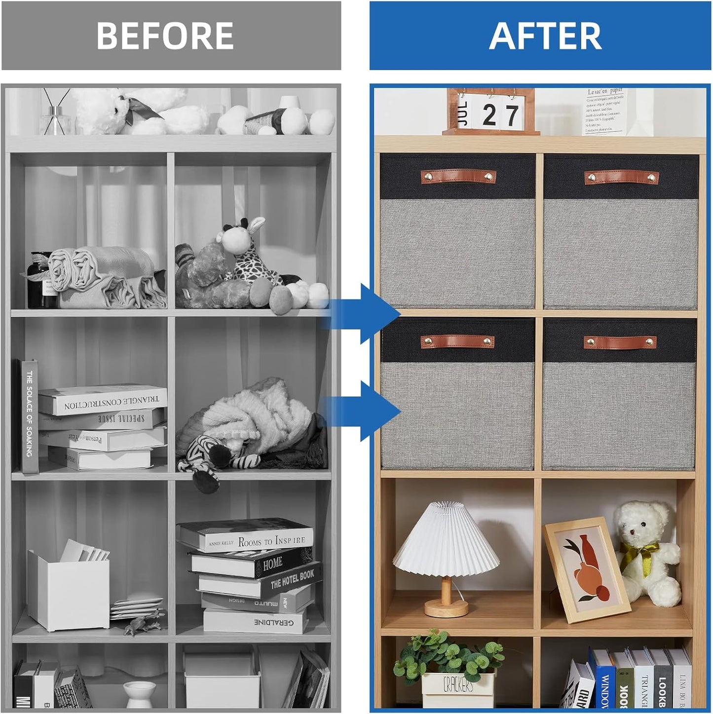 Temary 13 x 13 Storage Cubes Foldable Storage Cubes 4 Pack Canvas Storage Bin for Home, Square Storage Baskets with Leather Handles (Black&Grey)