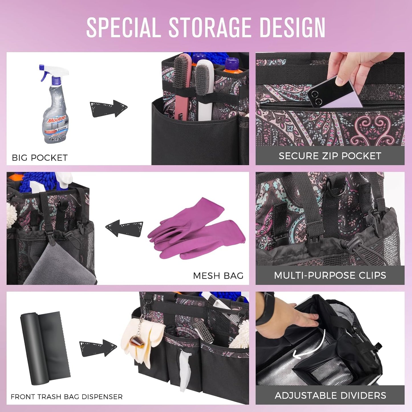 Wearable Cleaning Caddy, Cleaning Caddy Supplies Organizer with Handle & Shoulder Straps for Housekeepers, Under Sink & Car Cleaning Tool Organizers Bag with 4 Foldable Divider (Totem)