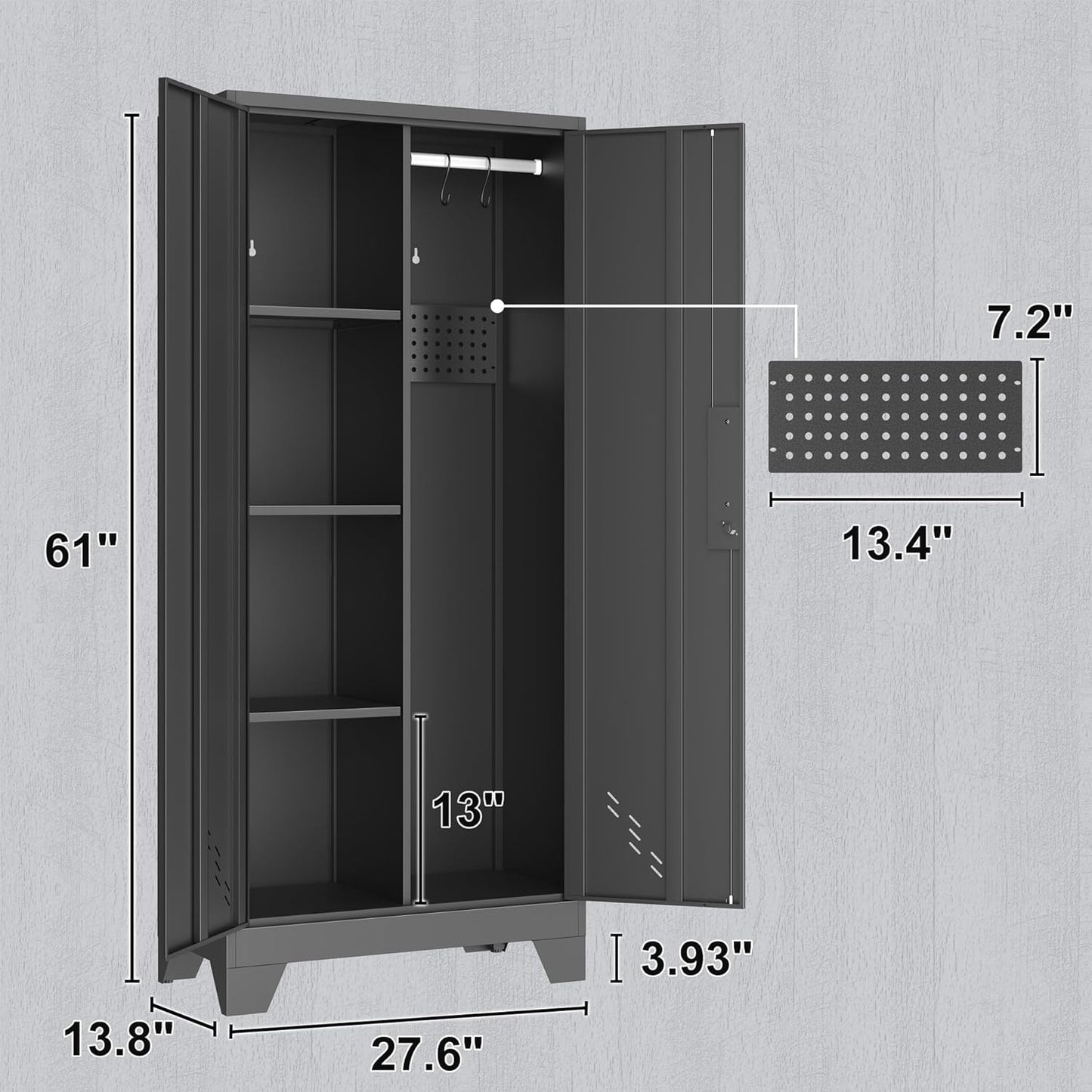 Metal Storage Cabinet with Locking Doors, 61" Tall Garage with Hanging Rod, Broom Closet, Freestanding Bathroom Storage Cabinet, Cleaning Tool,Black