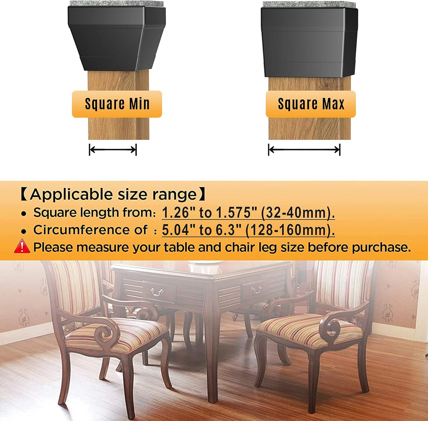 CHWM Square Chair Leg Protectors for Hardwood, 16Pcs Silicone Chair Legs Caps to Prevent Floor from Scratches and Reduce Noise, Easy to Move,(1.5 Inch Black).