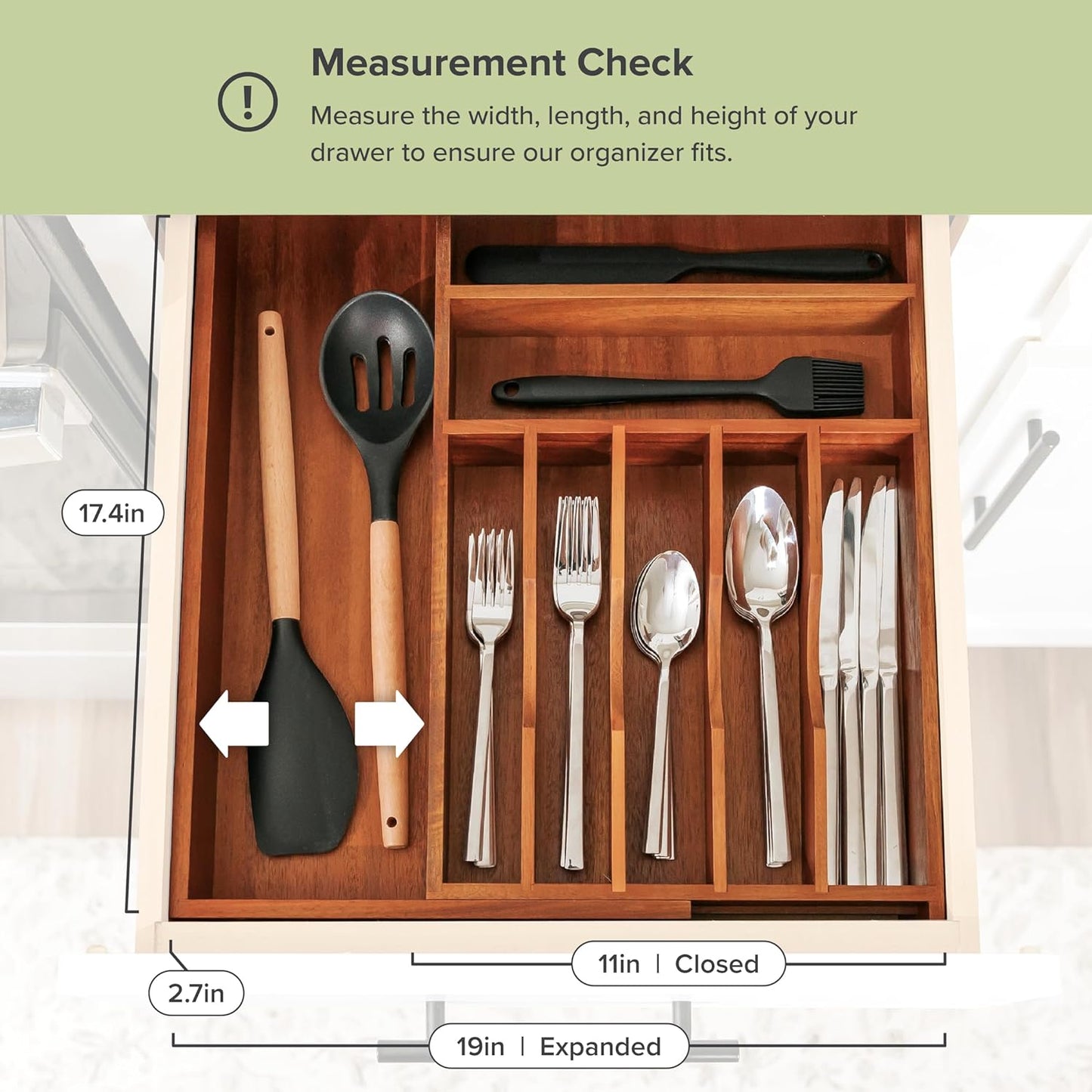KitchenEdge Premium Silverware, Flatware and Utensil Organizer for Kitchen Drawers, Food-Safe Contract Grade, Expandable from 10.5 to 19 In, Natural Acacia