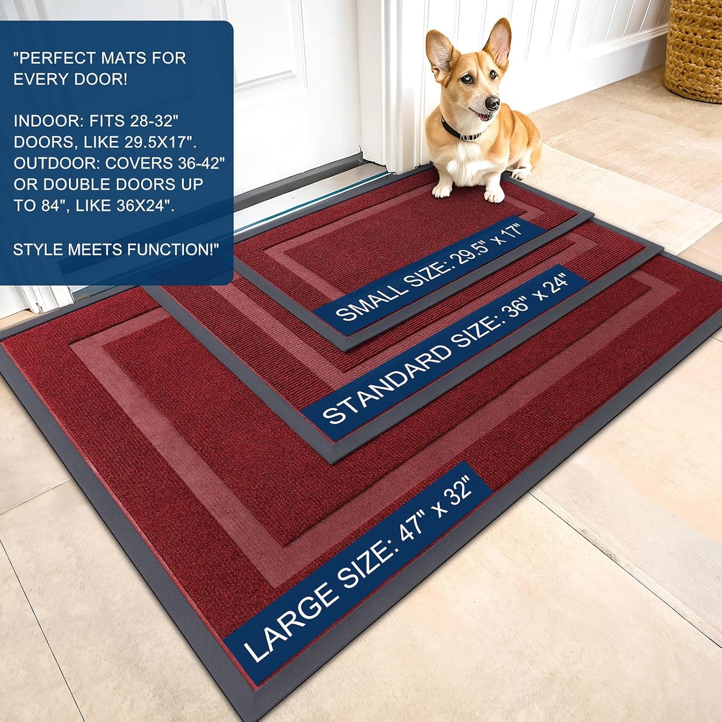 OLANLY Front Door Mat Indoor Outdoor Entrance, Waterproof All-Season, All-Weather Doormat, Sturdy Natural Rubber, Fade Resistant, Low Profile, Easy Clean Patio Porch Entryway Mat, 71x23, Wine Red