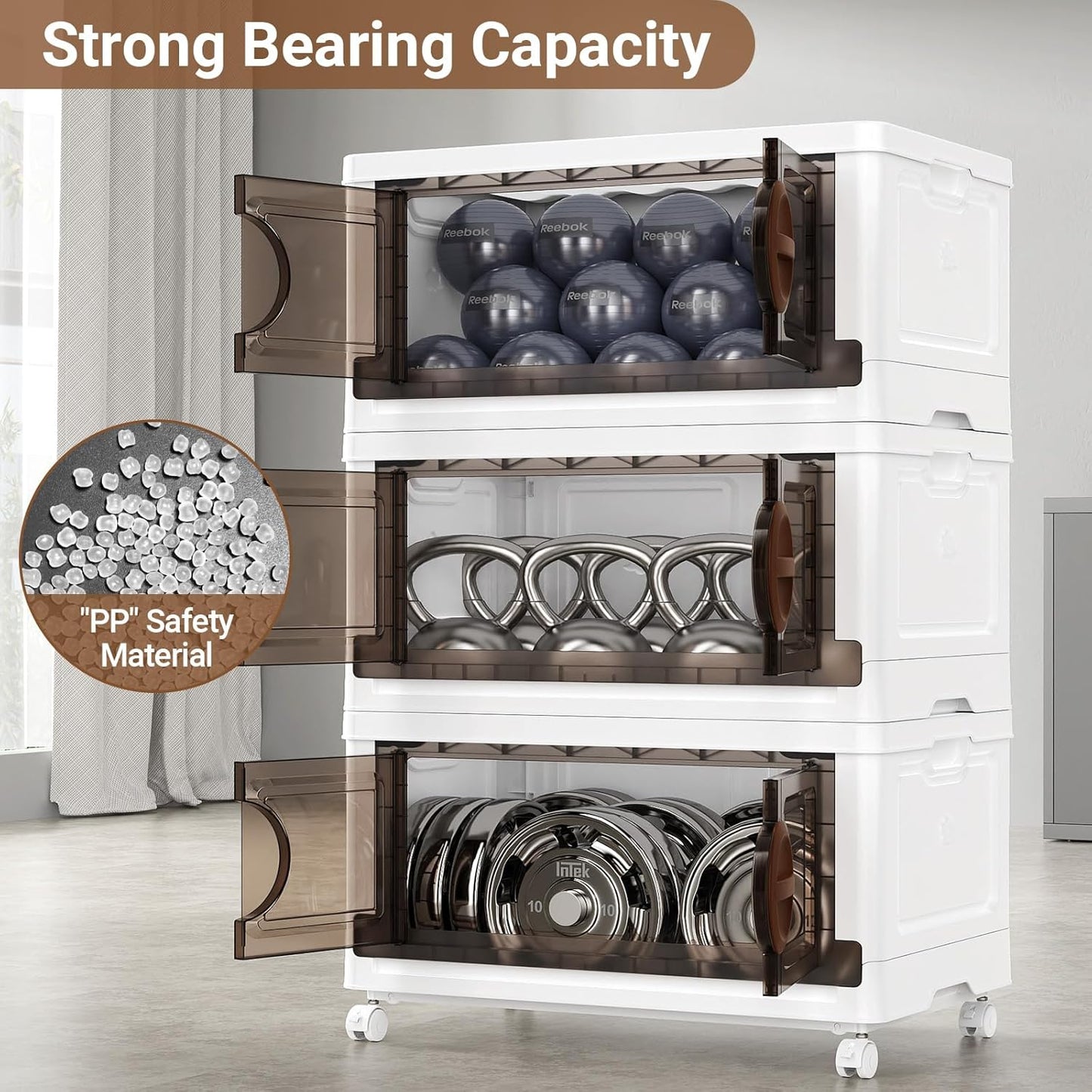 BROVIEW 480Qt Lockable Stackable Storage Bins with Lids, Closet Organizers and Storage Drawer, Collapsible Storage Bin with Wheels, Plastic Cabinet for Toy Clothes Dorm Organizer, V9 4 Pack Brown