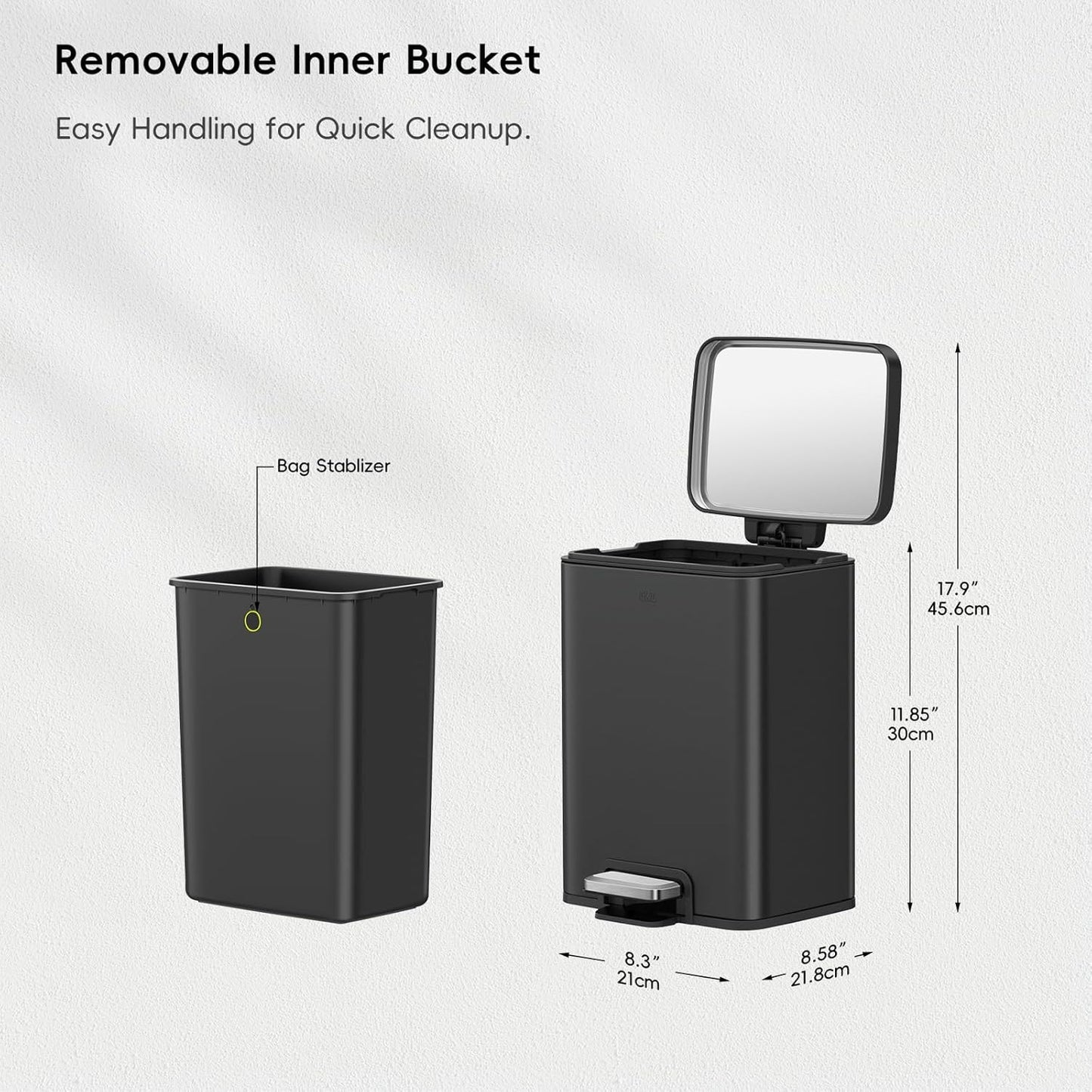 EKO Madison Matte Black 6L / 1.6 Gal Bathroom Trash Can with Lid and Removable Inner Basket, Rectangular Small Step Trash Can, Brushed Stainless Steel