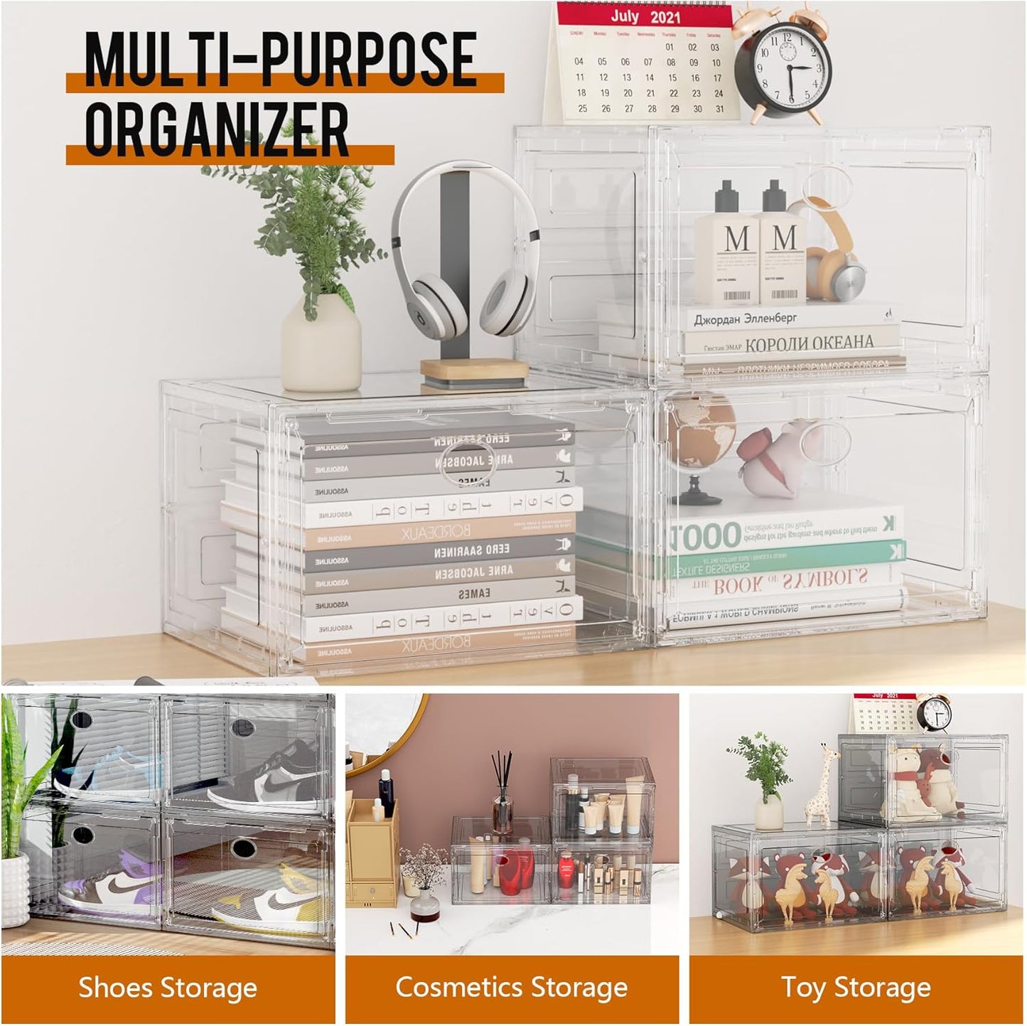 KEFA XL Shoe Storage Box Organizer, 8 Pack Shoe Boxes Clear Plastic Stackable, Sneaker Display Case Container Fit for US 13 (Side 8 PACK CLEAR)