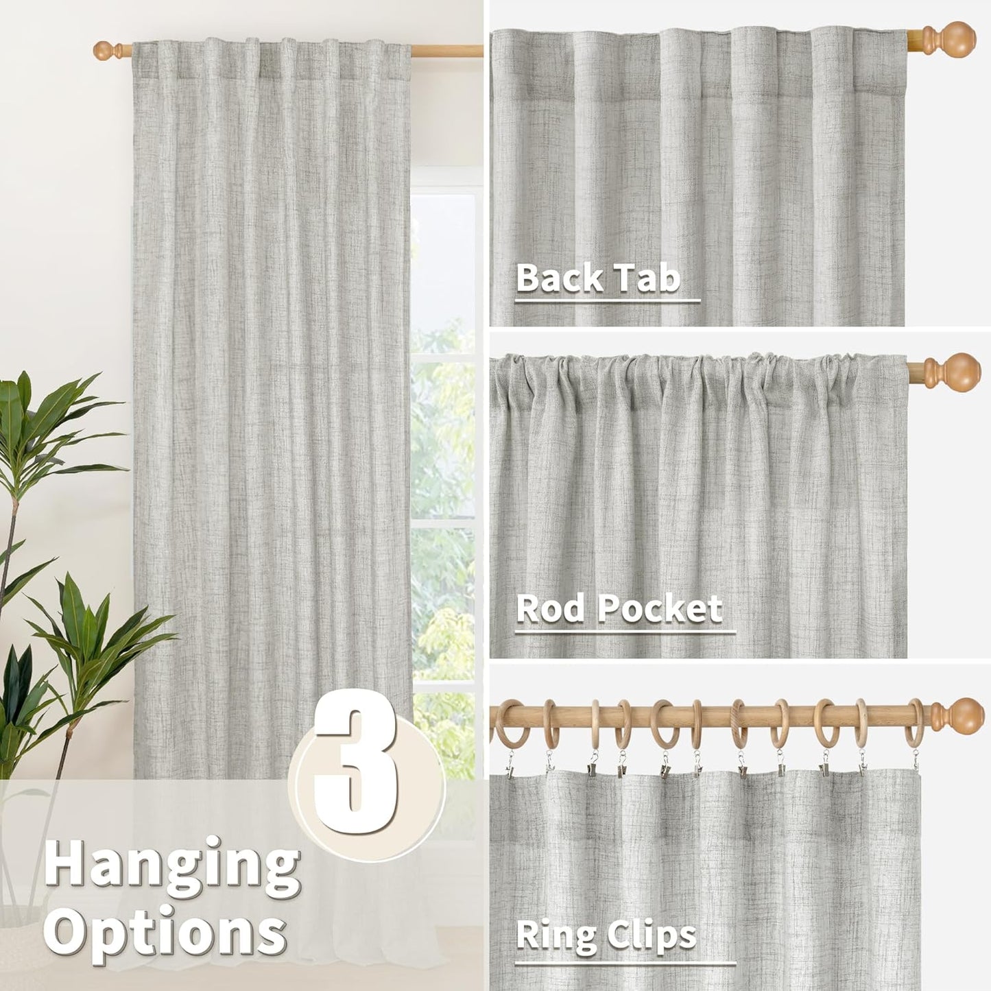 YoungsTex Light Grey Linen Curtains 40 Inches Long for Kitchen Cafe Window, Short Length Semi Sheer Drapes Back Tab Rod Pocket Light Filtering for Bathroom Bedroom, 2 Panels, 42 X 40 Inch
