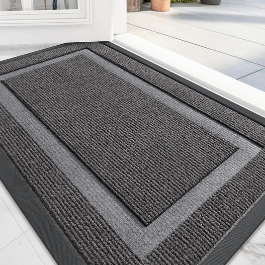 OLANLY Front Door Mat Indoor Outdoor Entrance, Waterproof All-Season, All-Weather Doormat, Sturdy Natural Rubber, Fade Resistant, Low Profile, Easy Clean Patio Porch Entryway Mat, 59x35, Dark Grey