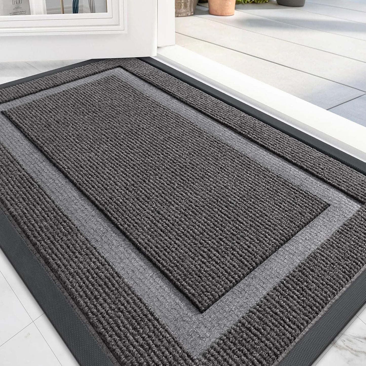 OLANLY Front Door Mat Indoor Outdoor Entrance, Waterproof All-Season, All-Weather Doormat, Sturdy Natural Rubber, Fade Resistant, Low Profile, Easy Clean Patio Porch Entryway Mat, 71x23, Dark Grey
