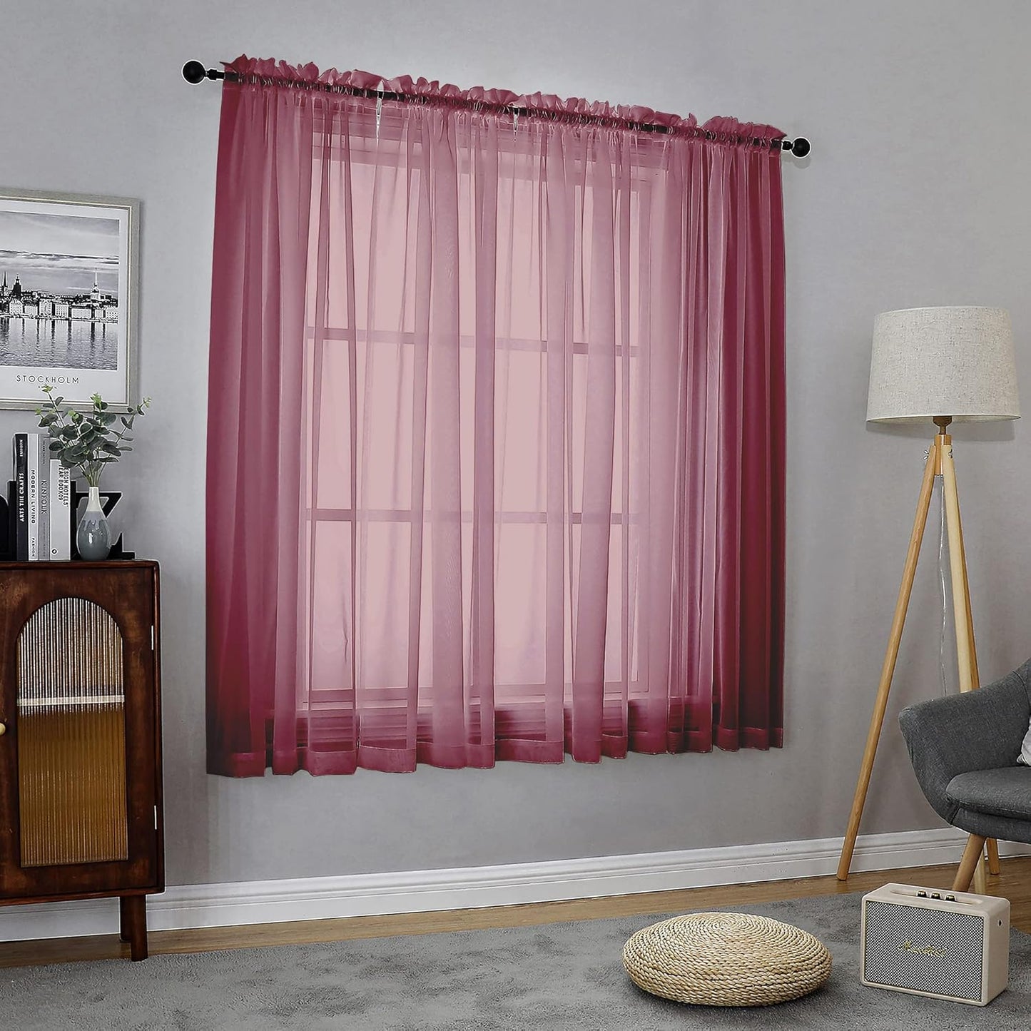Chyhomenyc Burgundy Sheer Curtains 63 Inches Long 2 Panels Set, Light Filtering Voile Window Drapes for Bedroom Living Room, 42Wx63L Inch, Burgundy, 2PCS