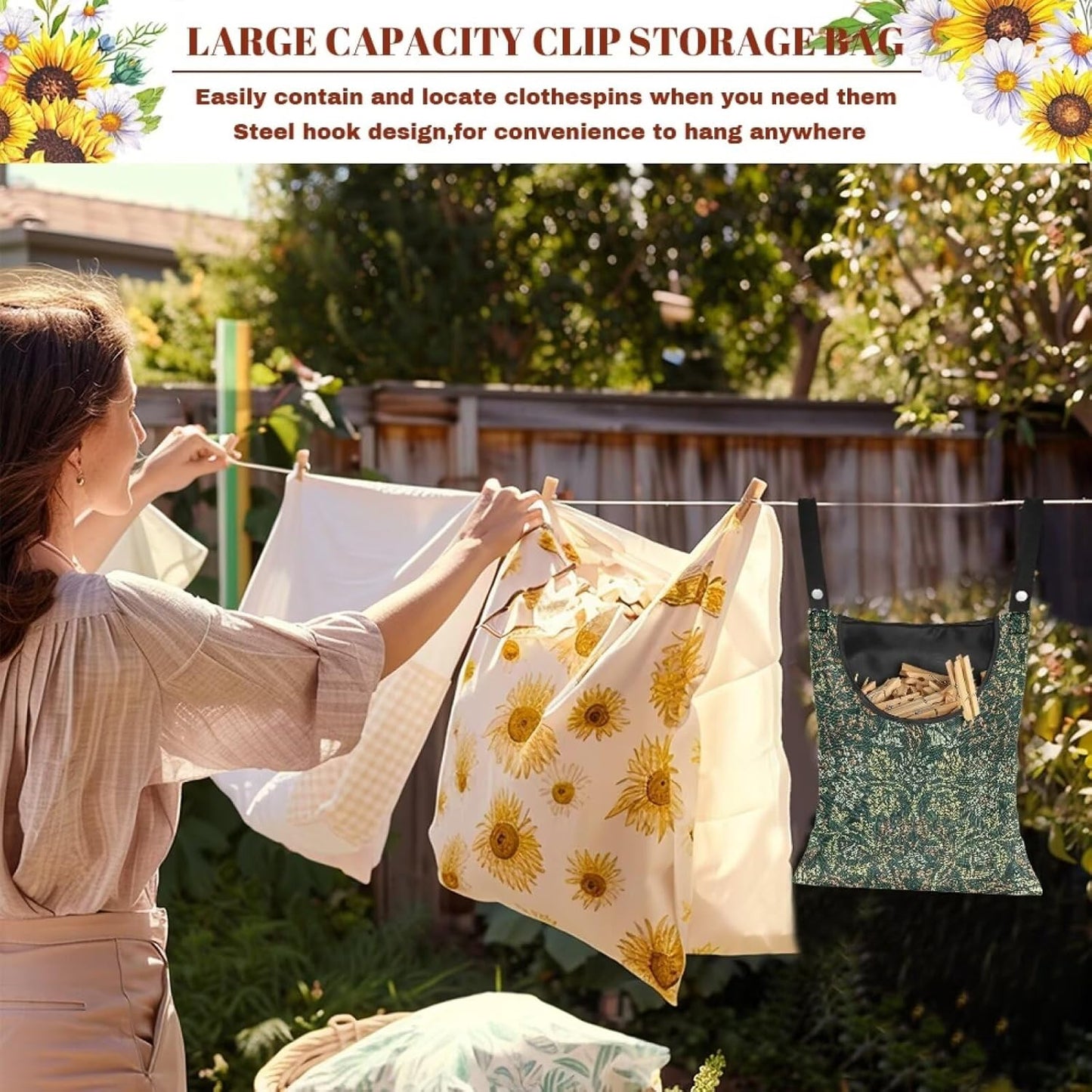 Jumbo Clothespin Organizer Bag 14.5x12 Inches - Extra Wide Access Opening - Industrial Strength Hanging Storage for Home & Commercial Laundry Use William Morris Flower Print