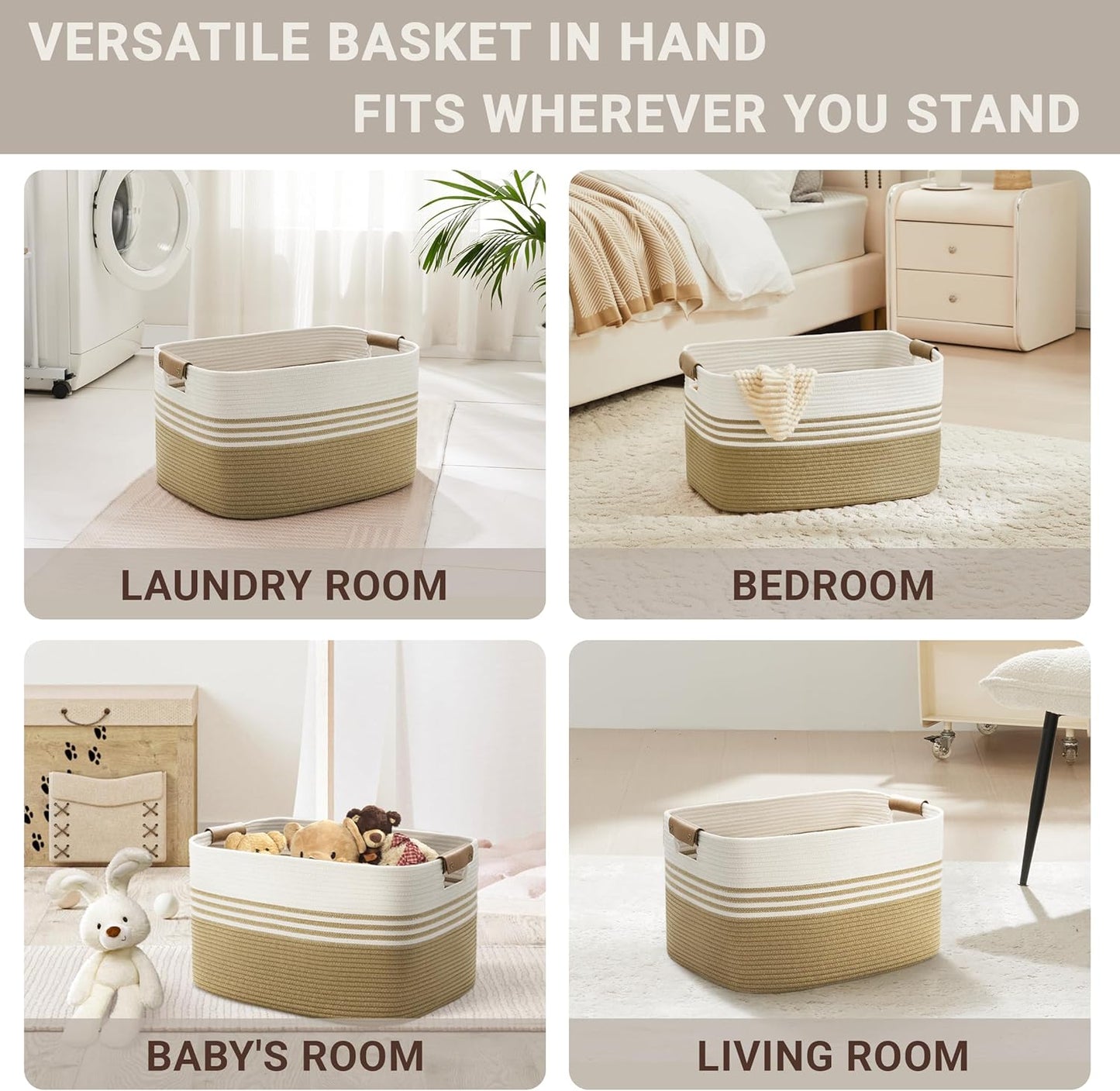 45L Small Laundry Basket with Leather Handles for Living Room Storage, Woven Rope Baskets Bin for Blanket, Kids Toy, Gifts, Wicker Hamper for Bedroom Dirty Clothes, 18"x14"x11" Khaki