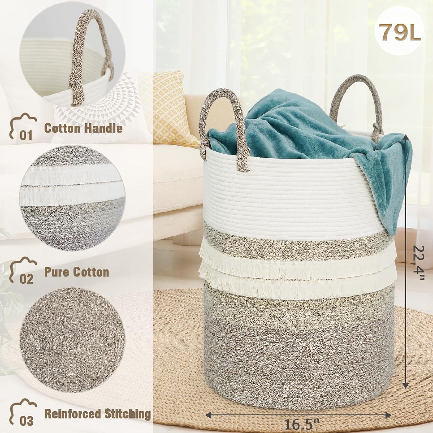 danpinera 79 L Large Laundry Basket, Tall Woven Cotton Storage Hamper with Handles, Dirty Clothes Hamper in Bathroom, Decorative Storage Basket for Living Room Gradient Brown